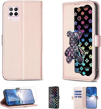 Case Compatible for Huawei P40 Lite Phone Case Flip Stand Cover [with Tempered Glass Screen Protector] JXX-Pink