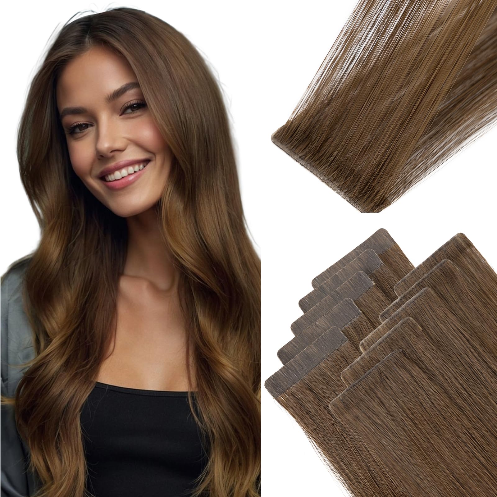 Benehair Injected Tape in Hair Extensions Human Hair Remy #4 Medium Brown Injected Weft Hair Extensions Real Natural Straight 10 Pcs 22 Inches (25g) Invisible