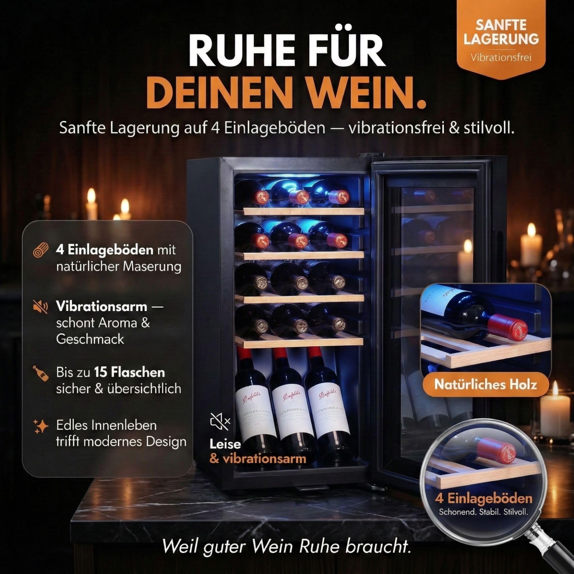 Sommertal Weinkühlschrank mit Glastür WK50 15 Flaschen 5-20°C einstellbar LED-Beleuchtung Touchscreen leise energiesparend UV-Schutz