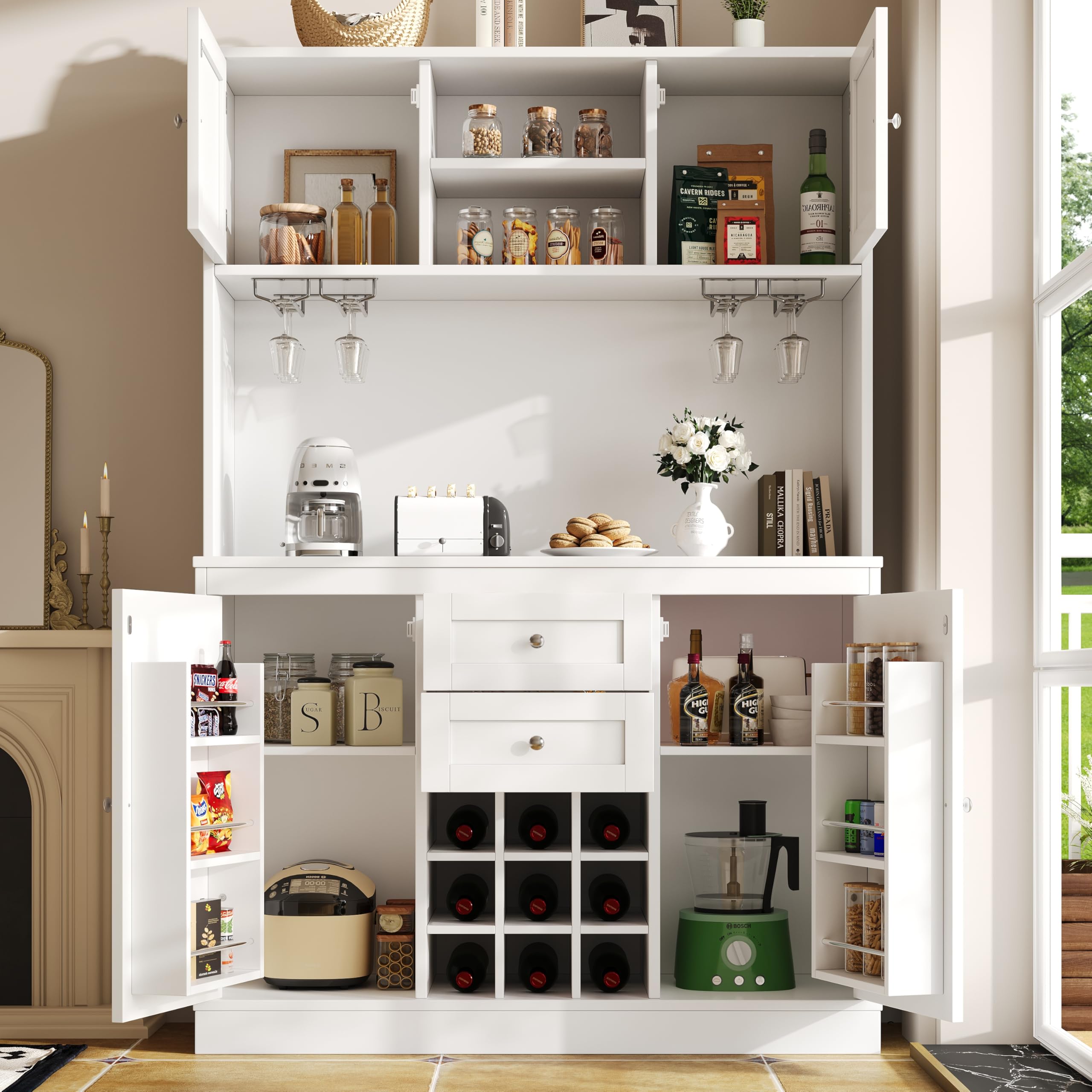 Armadietto da cucina con ripiani regolabili e scaffale per vino, a buffet alto con 4 ante e 2 cassetti, credenza per cucina e soggiorno, armadietto a buffet, 120 x 40 x 188 cm (bianco)