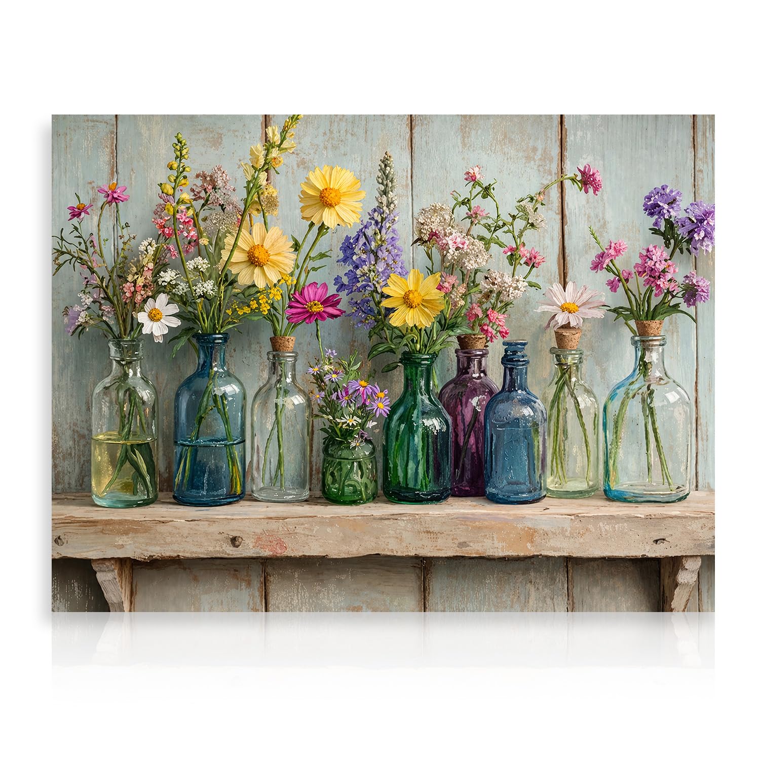 Dazzlewall Farmhouse Wildflower Canvas Prints, Colorful Botanical Glass Jar Wall Art for Bedroom Living Room Decor 12x16 in Unframed