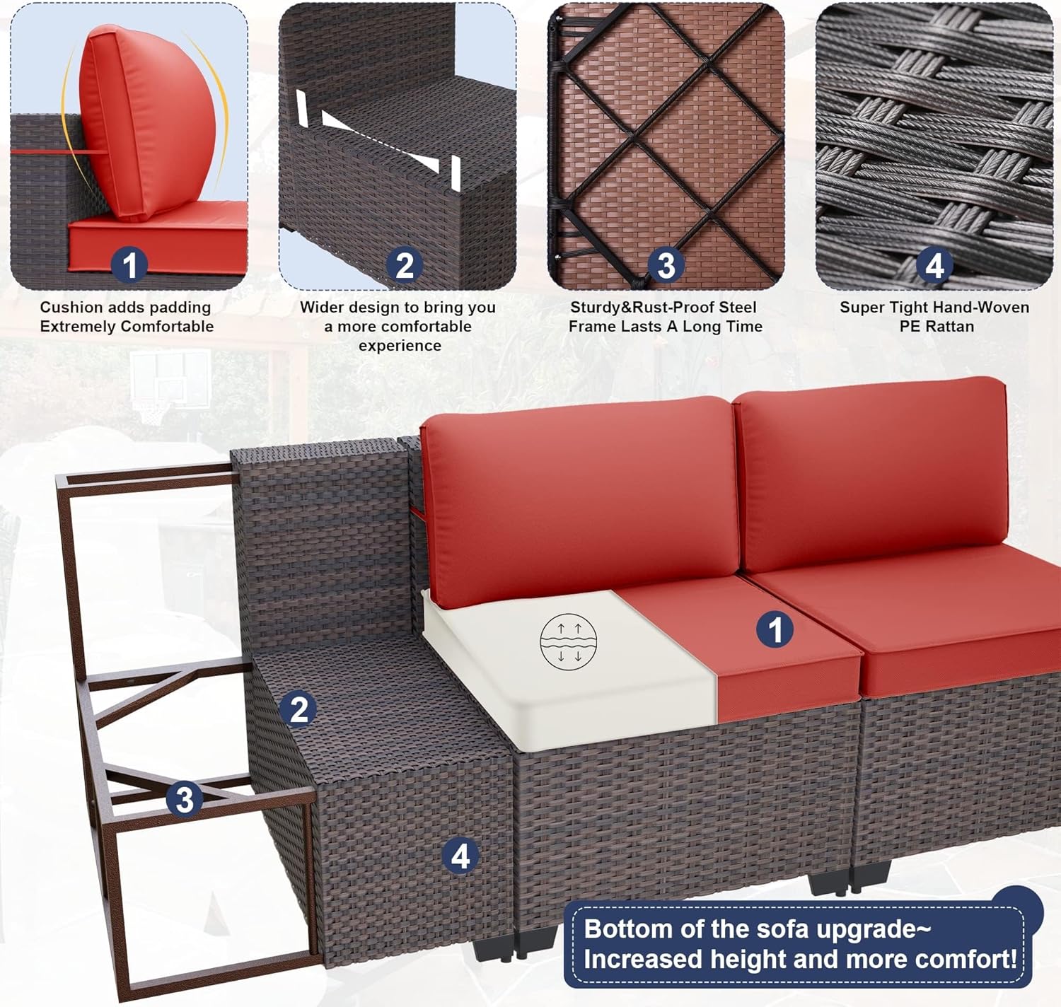 9 Pieces Patio Furniture Set Rattan Wicker Outdoor Conversation Sets 4 Inch Cushion and Glass Coffee Table for Backyard Porch Balcony Poolside Garden(Red)