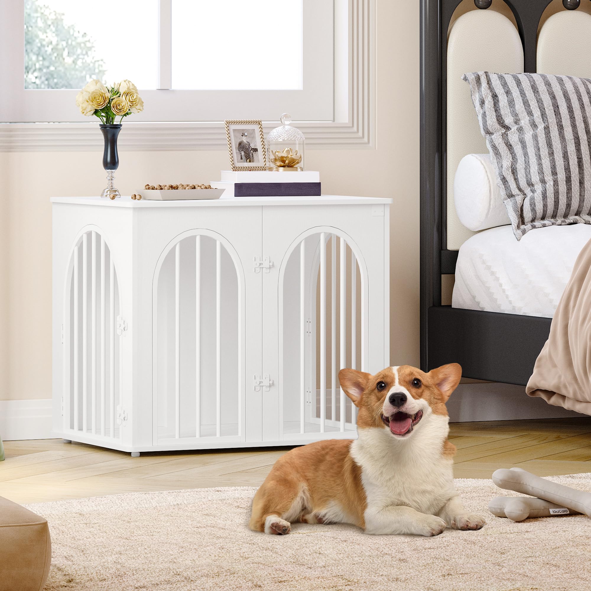 Hzuaneri 68 cm Gabbia per Cani, Tavolo Supplemento, Cuccia Moderna per Cani Interno, Gabbia per Cuccioli, Casetta per Animali, 3 porte, Porta ad arco, 49 x 68 x 56 cm, Bianco DFC85513W