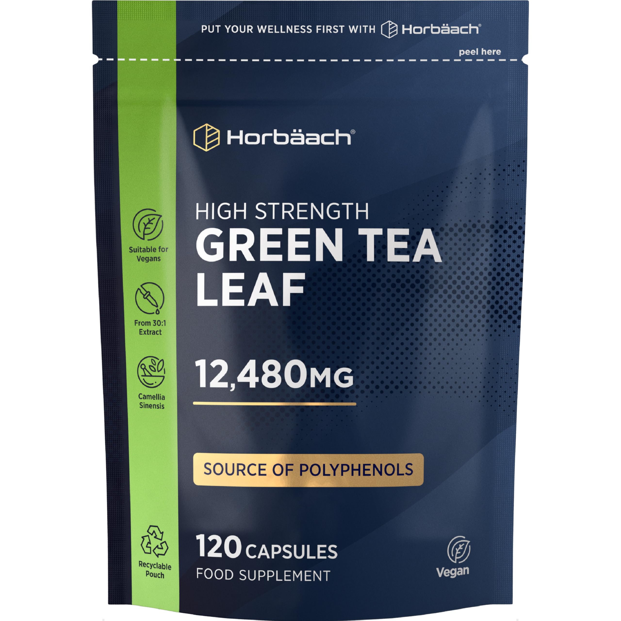 Horbäach Green Tea Capsules 12480mg | High Strength Extract | 120 Powder Capsules | Vegan & Vegetarian | by