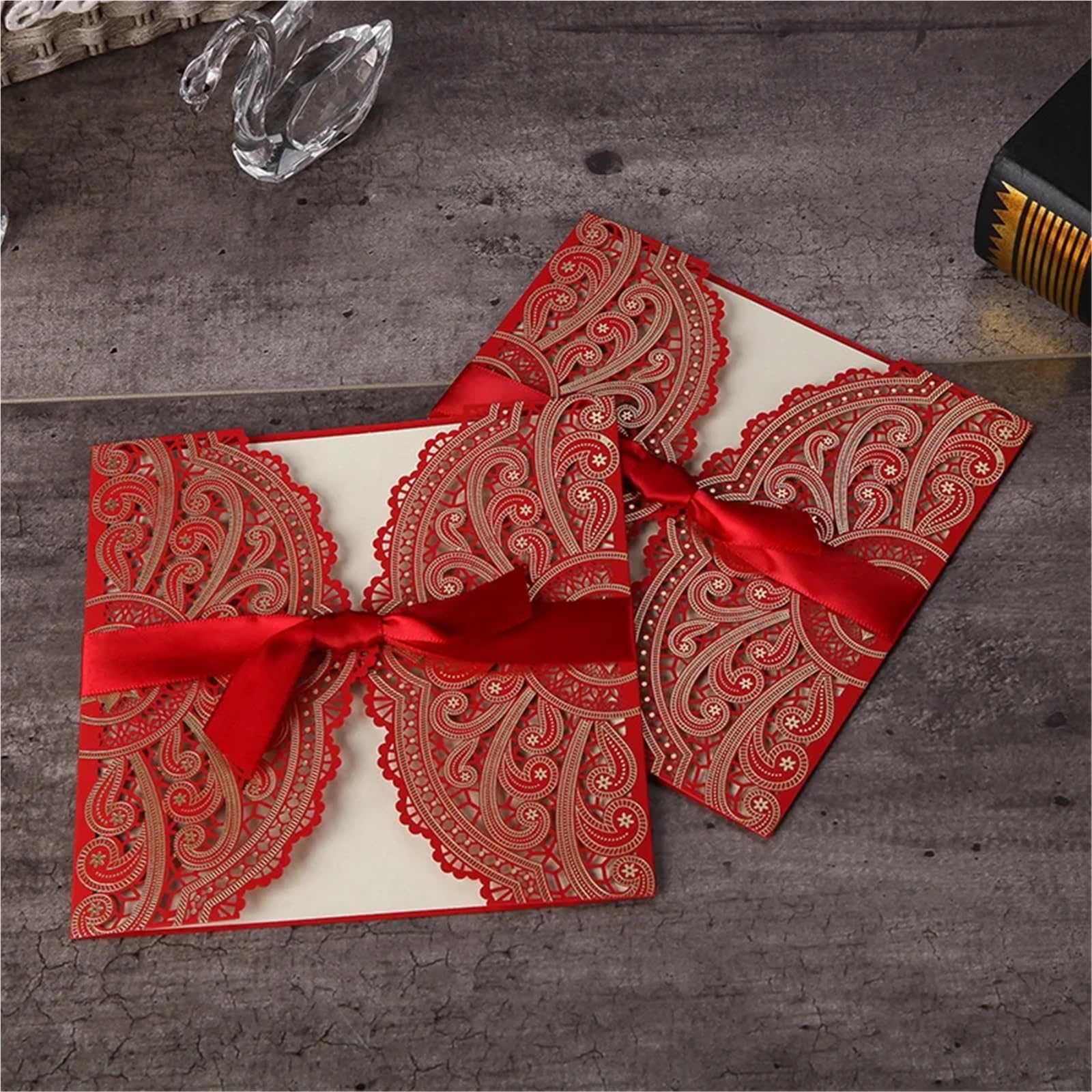 Hochzeitseinladungen Karte 10 Stücke Laser Cut Floral Hochzeitseinladungskarte Spitze Grußkarte Benutzerdefinierte Mit Band Geburtstag Verlobung Hochzeit Partei Liefert(One Set Red)