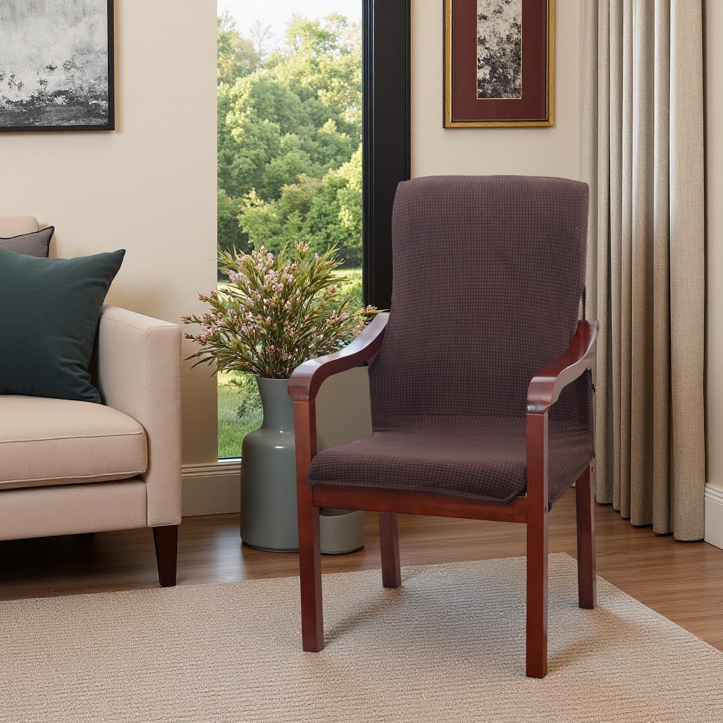 Deisy Dee Stretch Arm Chair Covers, Mid Century Chair Slipcovers, Accent Chair Covers (Dark Brown)