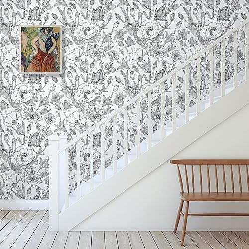 Miniatura 3 de WENMER Papel tapiz floral en blanco y negro, elegante y moderno lirio de loto, papel tapiz de hojas autoadhesivo, papel de contacto floral para