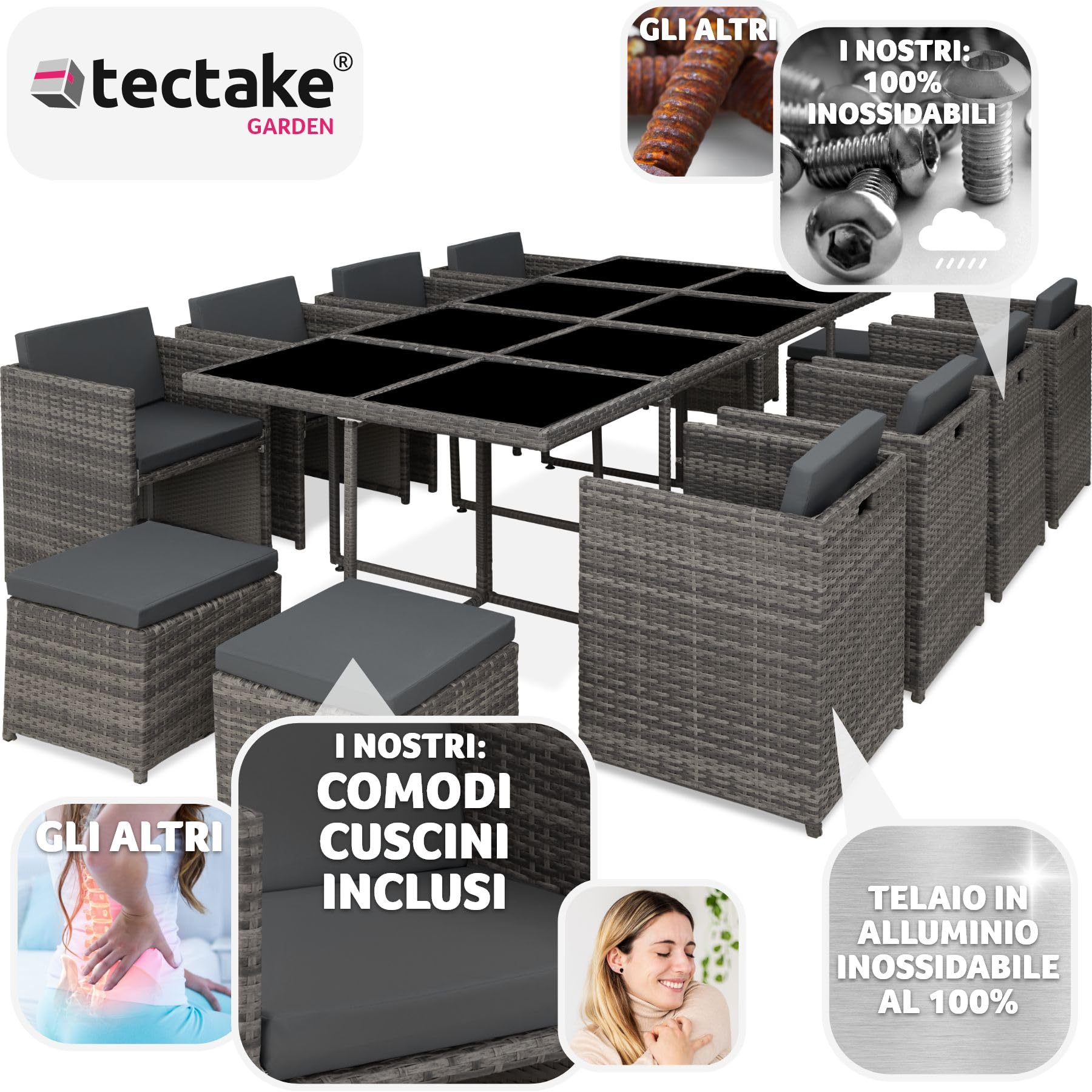 Tectake Set Mobili da Giardino in Poli Rattan 8 Sedie 1 Tavolo 4 Sgabelli Rivestimenti Rimovibili Idrorepellenti Grigio