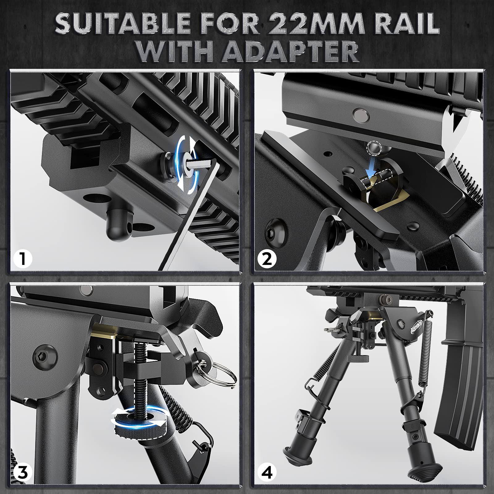 AOMEKIE Bipod Tattico 6-9 Pollici Airsoft Rifle Telescopico Regolabile Primavera Ritorno Picatinny & Swivel-Stud Clamp Caccia Bipiede con Adattatore di Montaggio Nero