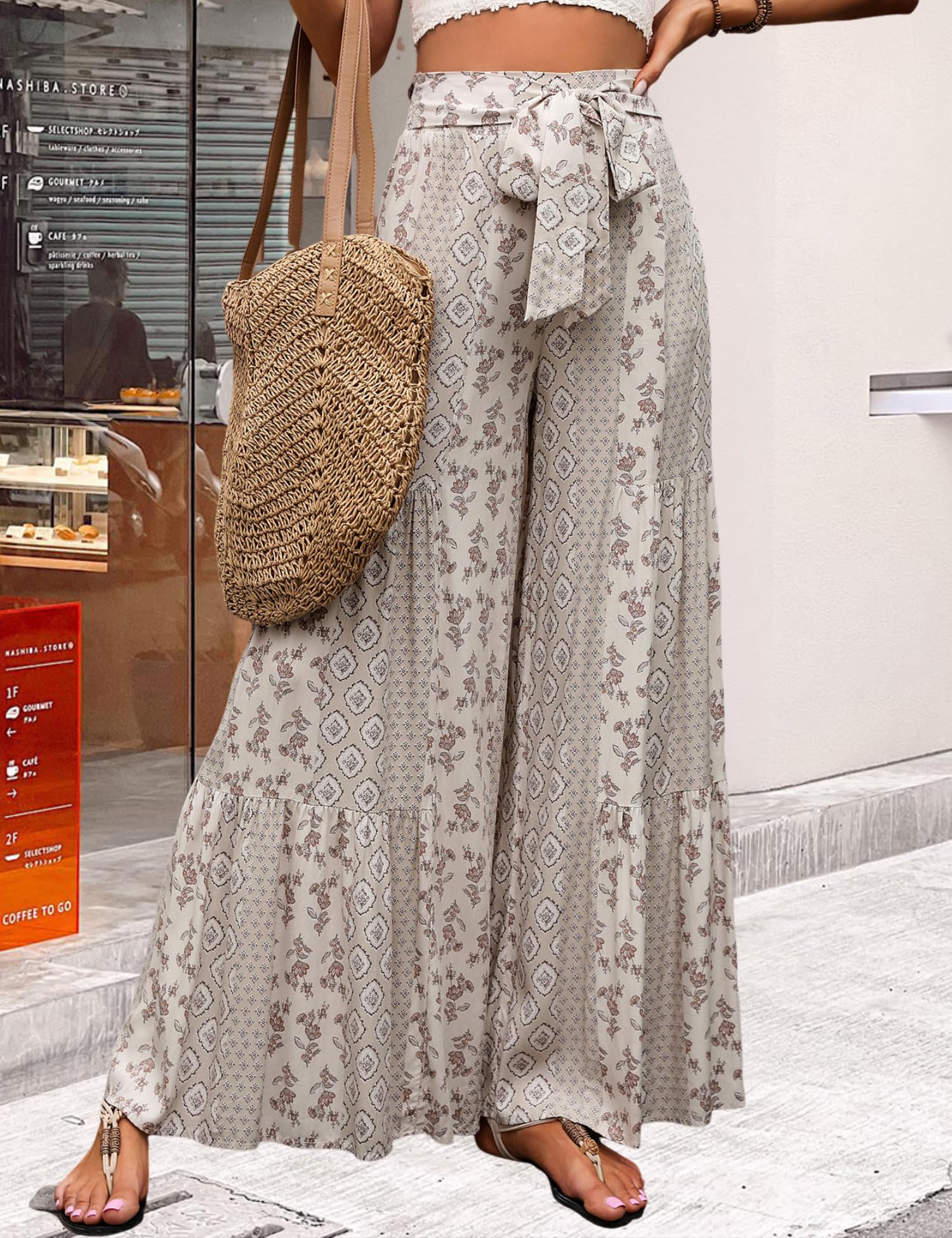 Womens Bohemian Style Wide Leg Pants Casual Patchwork Drawstring Long Trousers