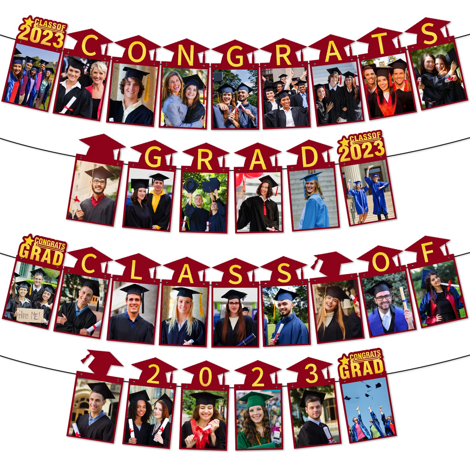 Officygnet Graduation Decorations Class of 2023-2Pcs Graduation Photo Banner - Congrats Grad Banner Garland - Graduation Party Decor Supplies for College, High School (Maroon & Gold)
