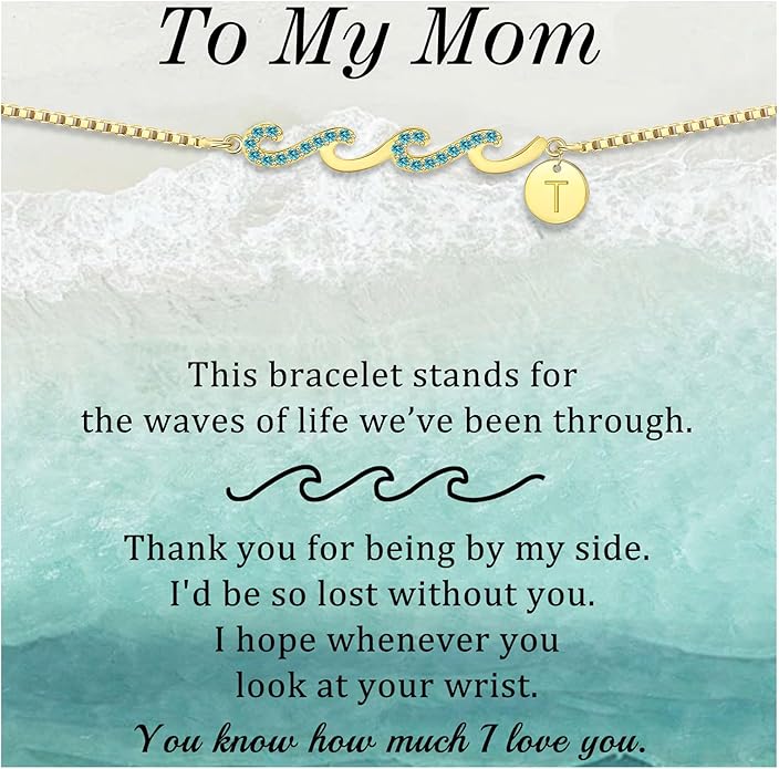 Dainty Gold Bracelet with Initials, Gifts for Women Initial Bracelets for Women Mom Gift Teen Gifts Trendy Stuff Wave Bracelet Grandma Graduation Gifts for Her 2025 Daughter Friend Letter A-Z Birthday Christmas Jewelry