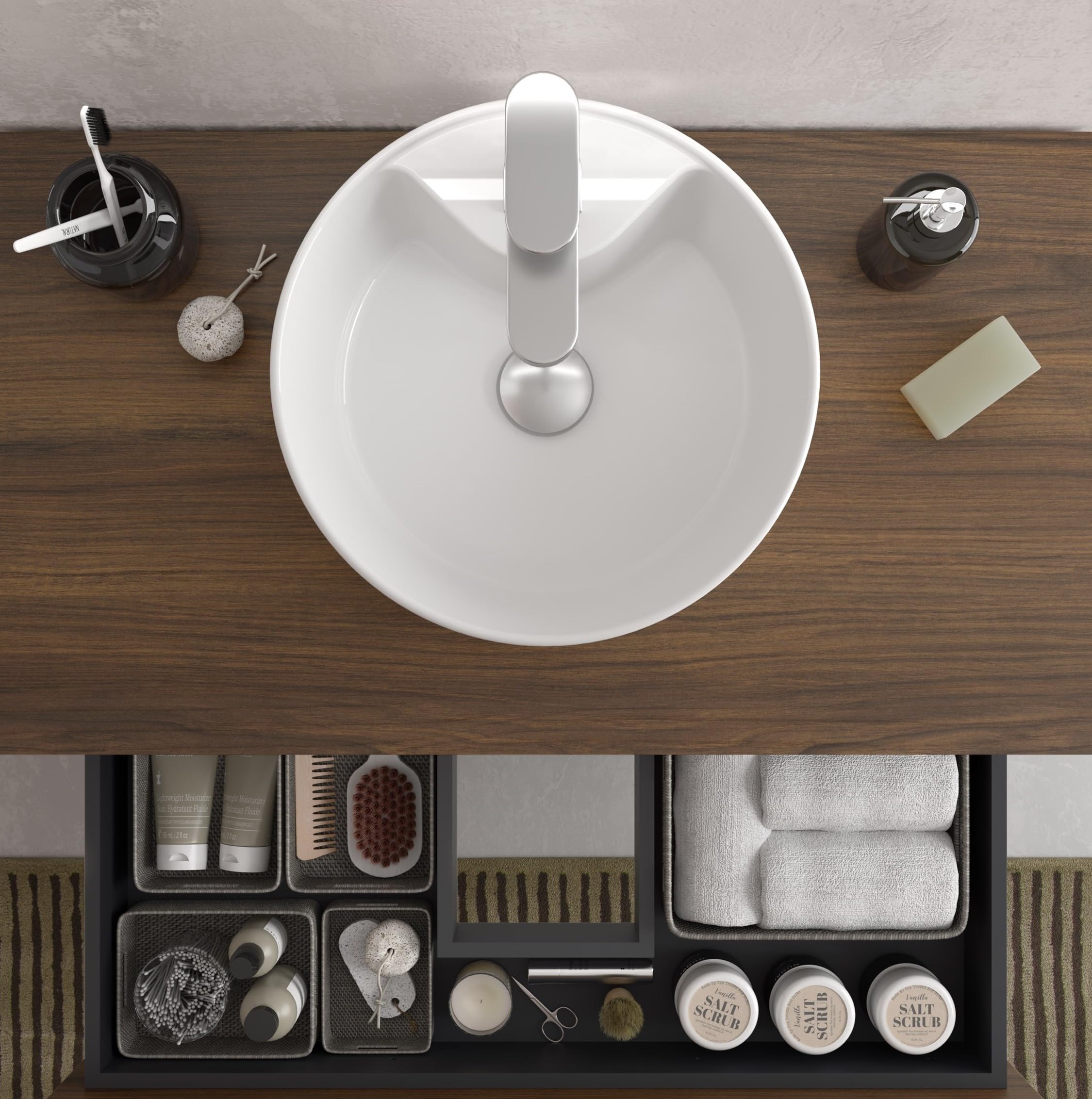 Mueble de Baño Runa 100cm Nogal 2 cajones Lavabo sobre encimera 1 poza Porcelana