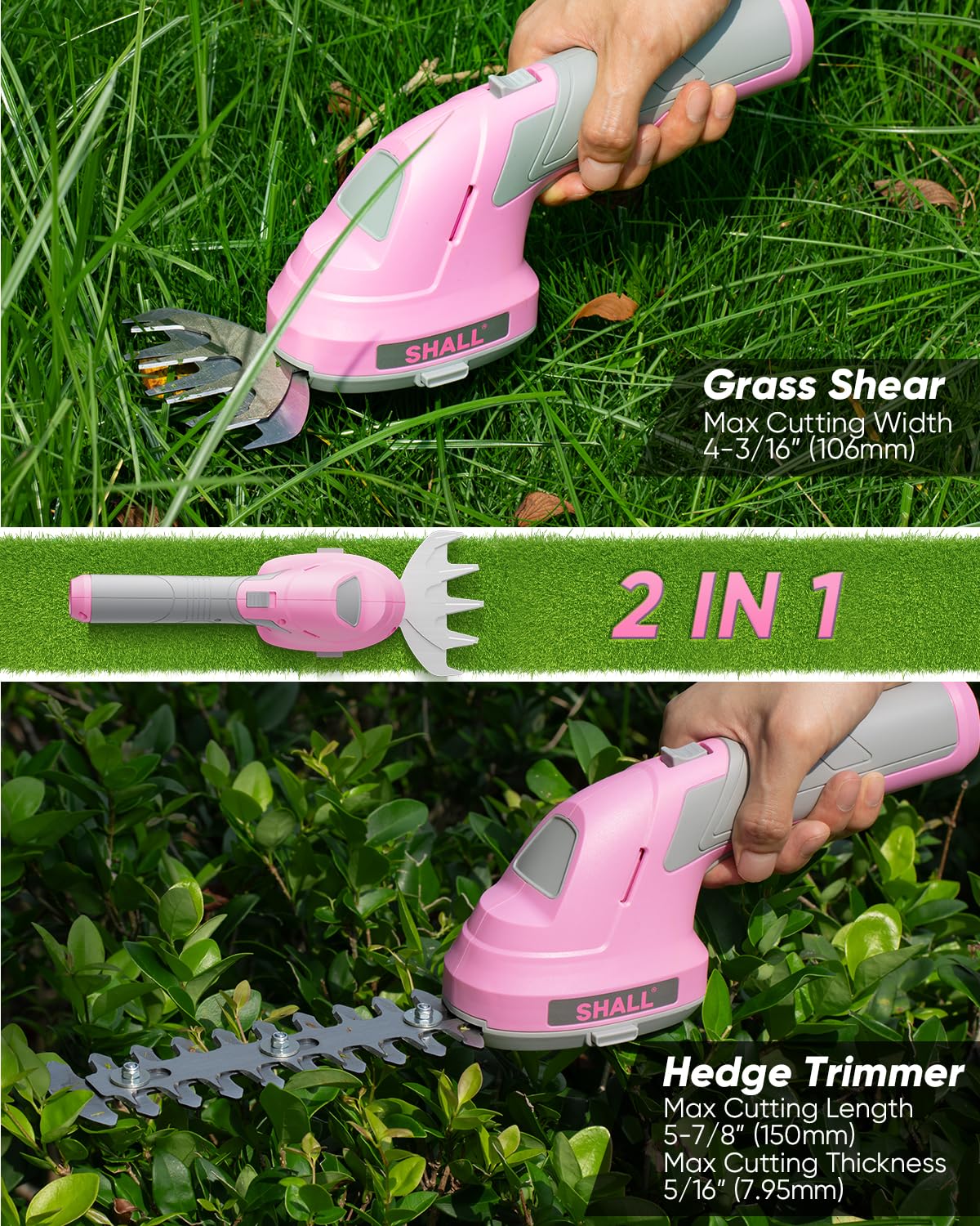 SHALL Tijeras de césped inalámbricas, Cortasetos, Tijeras eléctricas para arbustos de 7,2 V, cortadora de césped portátil 2 en 1
