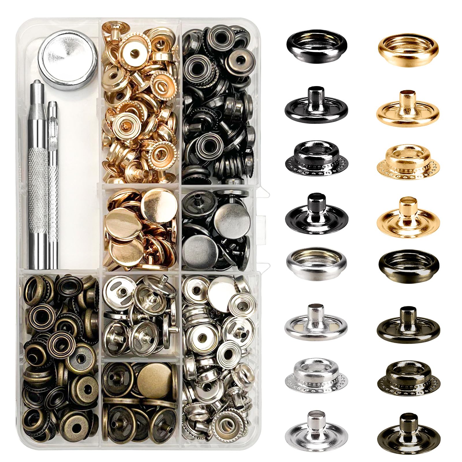 GTAAOY Juego de 320 broches de presión de acero inoxidable, 15 mm de alta resistencia con botón a presión para bolsa de ropa, cuero, barco, lona (80 juegos/4 colores)