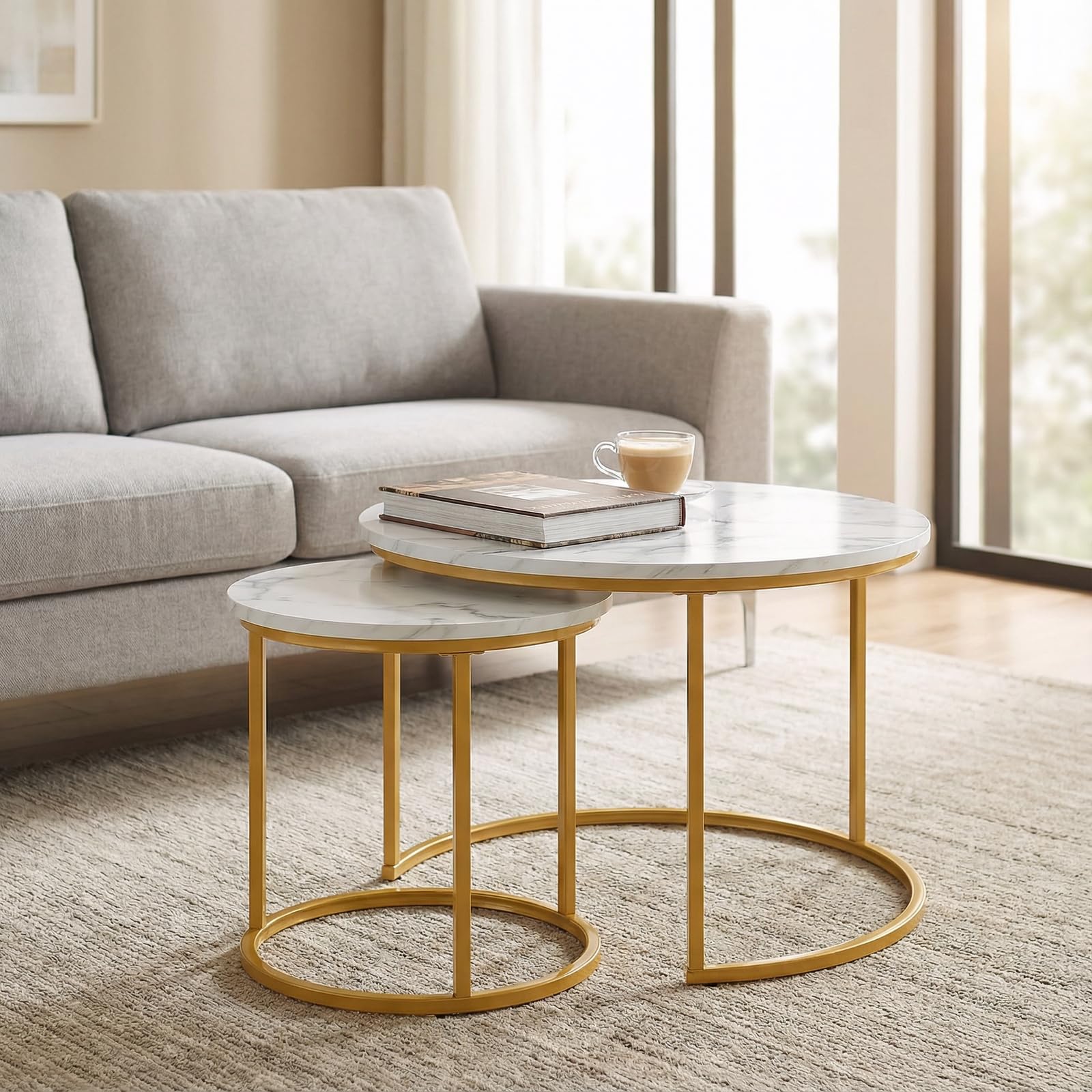 Round Nesting Coffee Table Set of 2, Modern Marble Pattern Wooden Nesting Tables, Stacking Minimalist End Table for Living Room Bedroom Small Space,