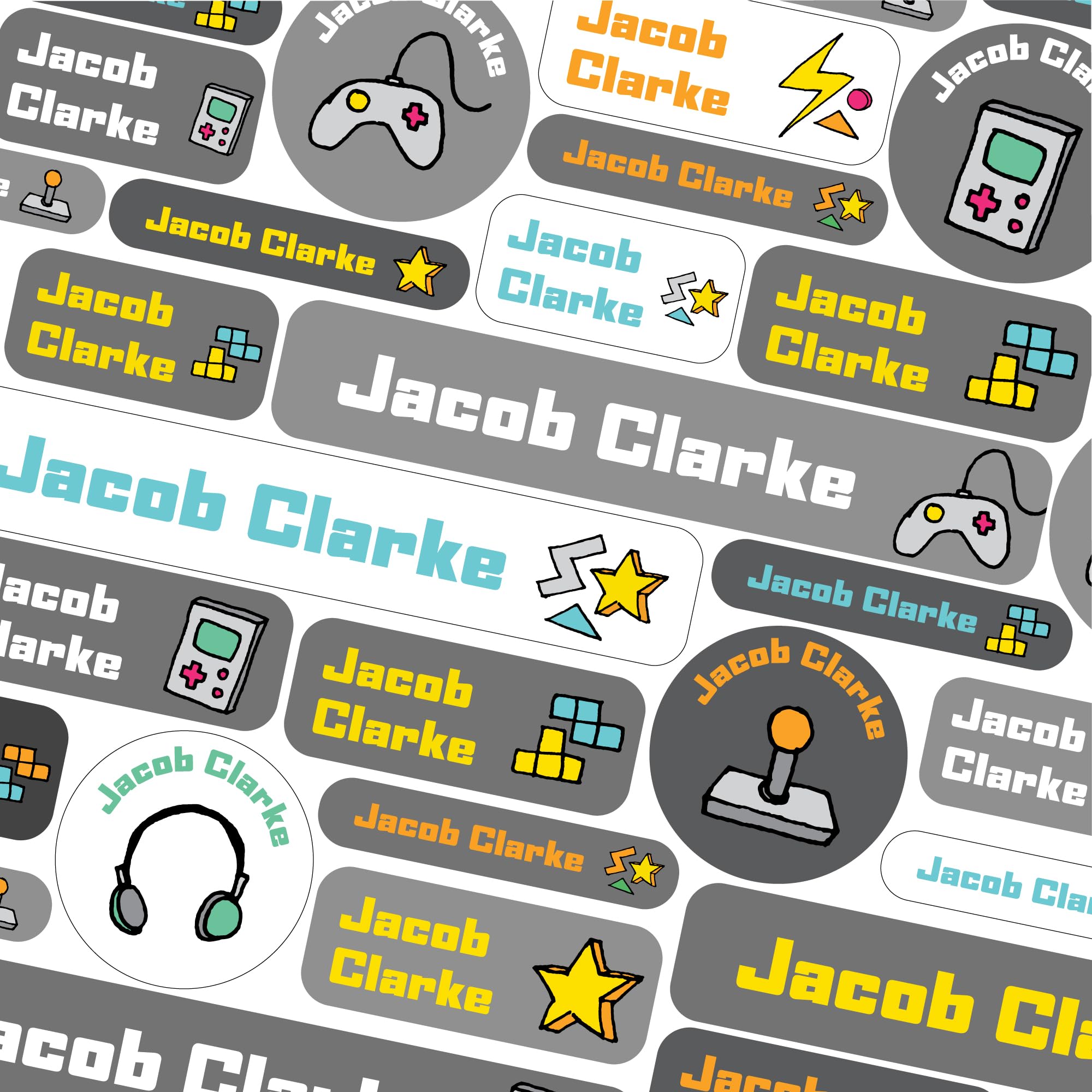 123 School Name Labels for Children No Iron Name Tags for Clothes Name Stickers for Water Bottles, Uniform, Secondary School, College, Care Homes, Washable and Dishwasher Safe (Gaming)