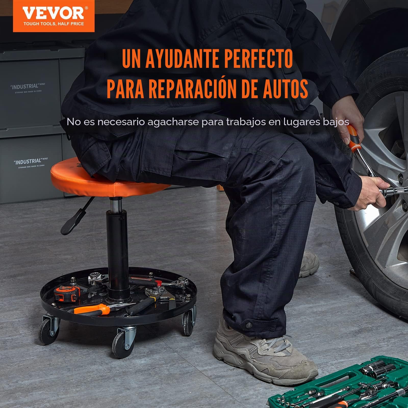 VEVOR Taburete de Taller Móvil Carga de 113,4 kg Taburete Mecánico con Ruedas Asiento de Taller Altura Ajustable con Bandeja de Herramientas Marco Resistente Cómodo Asiento Acolchado para Automóvil