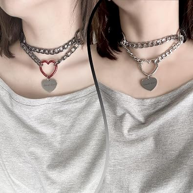 paloli Adjustable Vegan PU Leather Choker Necklace with Heart Ring and Cuban Chain, Heart Pendant Necklace for Women