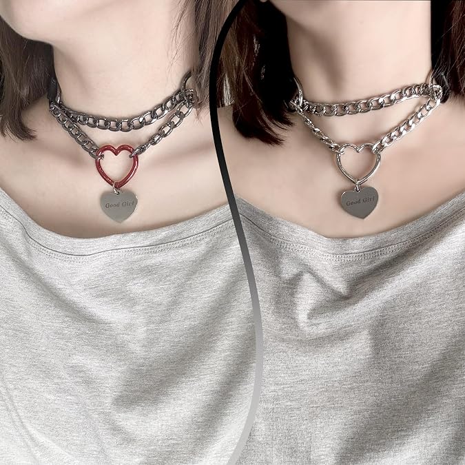 paloli Adjustable Vegan PU Leather Choker Necklace with Heart Ring and Cuban Chain, Heart Pendant Necklace for Women