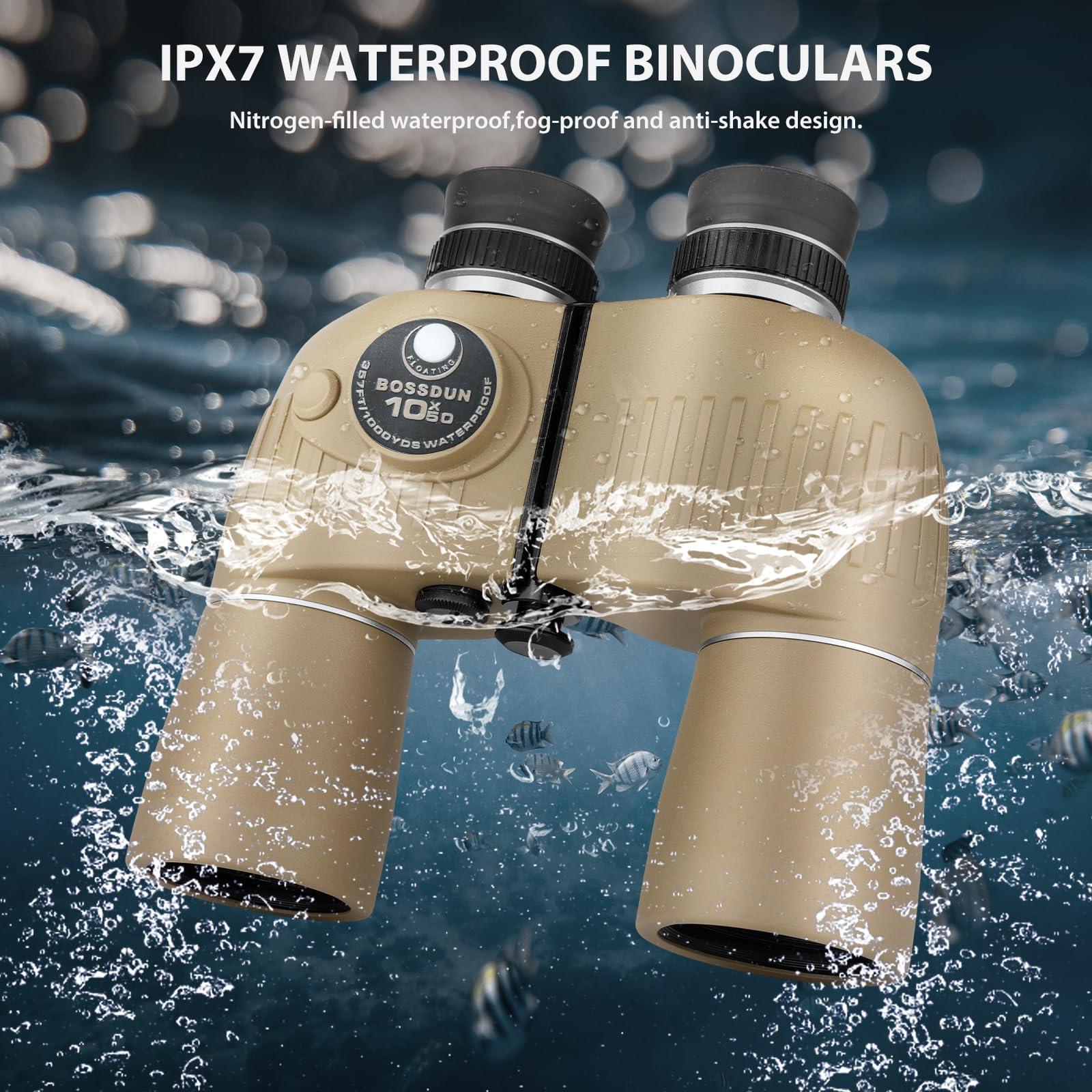 Prismáticos Marinos 10X50 con Telémetro Iluminado, Brújula, Resistencia al Agua IPX7, Prismas BAK4, para Navegación y Caza, Incluye Correa y Bolsa (Y)