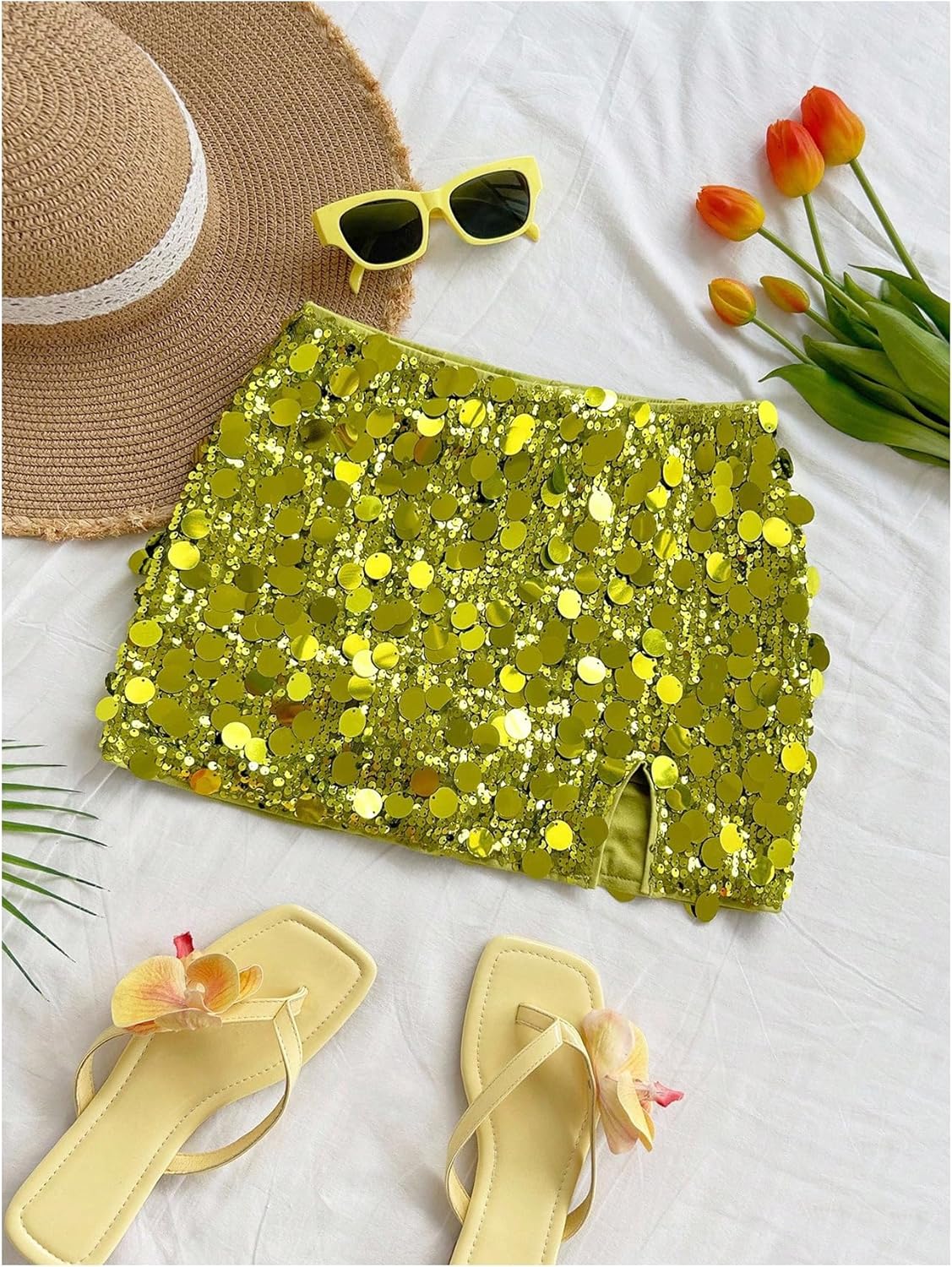 Verdusa Women's Rave Sequin Sparkly Slit Mini Skirts Club Party Bodycon Skirt Festival Outfits