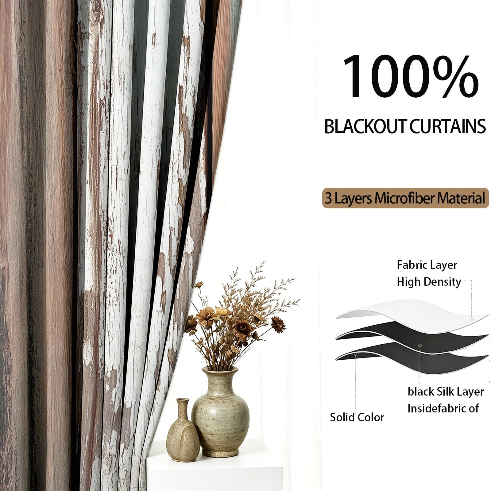Style Industriel Rideau Occultant 70 x 240 cm avec Oeillets, Planches De Bois Qui S'Écaillent Grain du Bois Imprimer Isolation Thermique Insonorisée Brun Fenêtre Rideaux pour Salon, 2 Panneaux