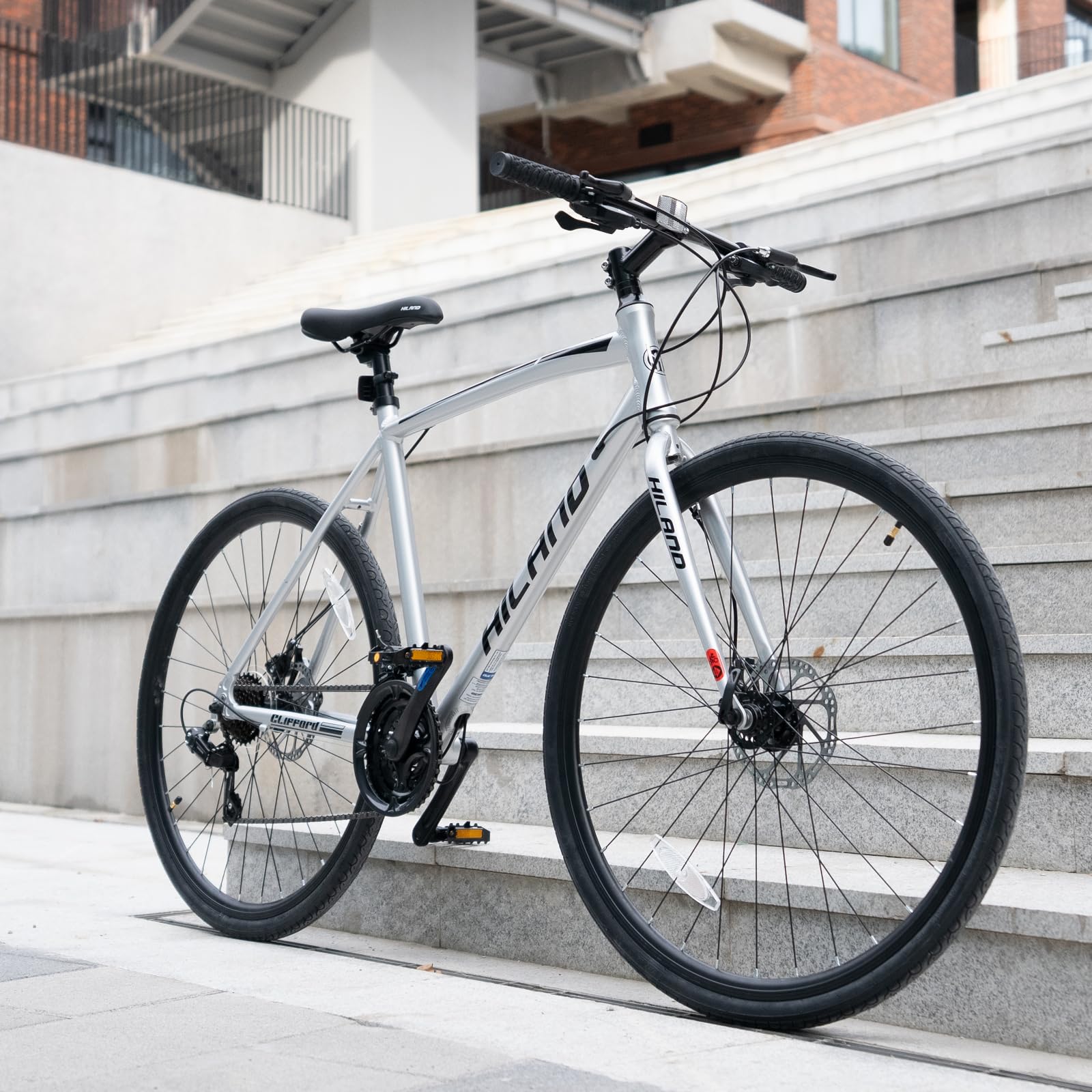 Hiland 28 Zoll Rennrad, 21 Gänge Städtischer Pendler Fahrräd mit Scheibenbremse für Männer, 530mm Rahmen Komfortables Rennrad 700C Räder, Schwarz/Rot/Silber