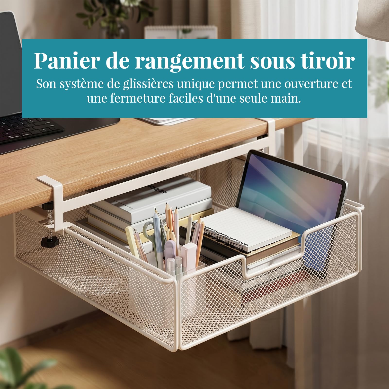 Milageto Panier de Rangement sous Tiroir de Bureau, Grande Capacité, Fer, Blanc