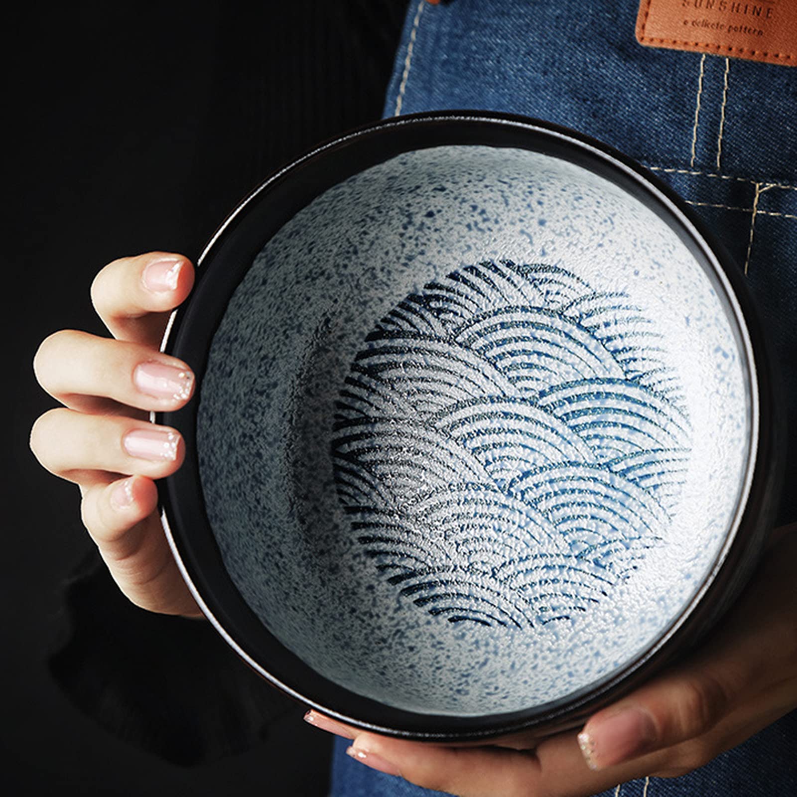 tazas de ramen, conjuntos de tazas de pasta, Cuenco grande de cerámica for fideos/sopa con ondas marinas, utilizado en sopas, cereales, arroz, fideos udon, fideos asiáticos, azul, 960 ml ( Color : Blu