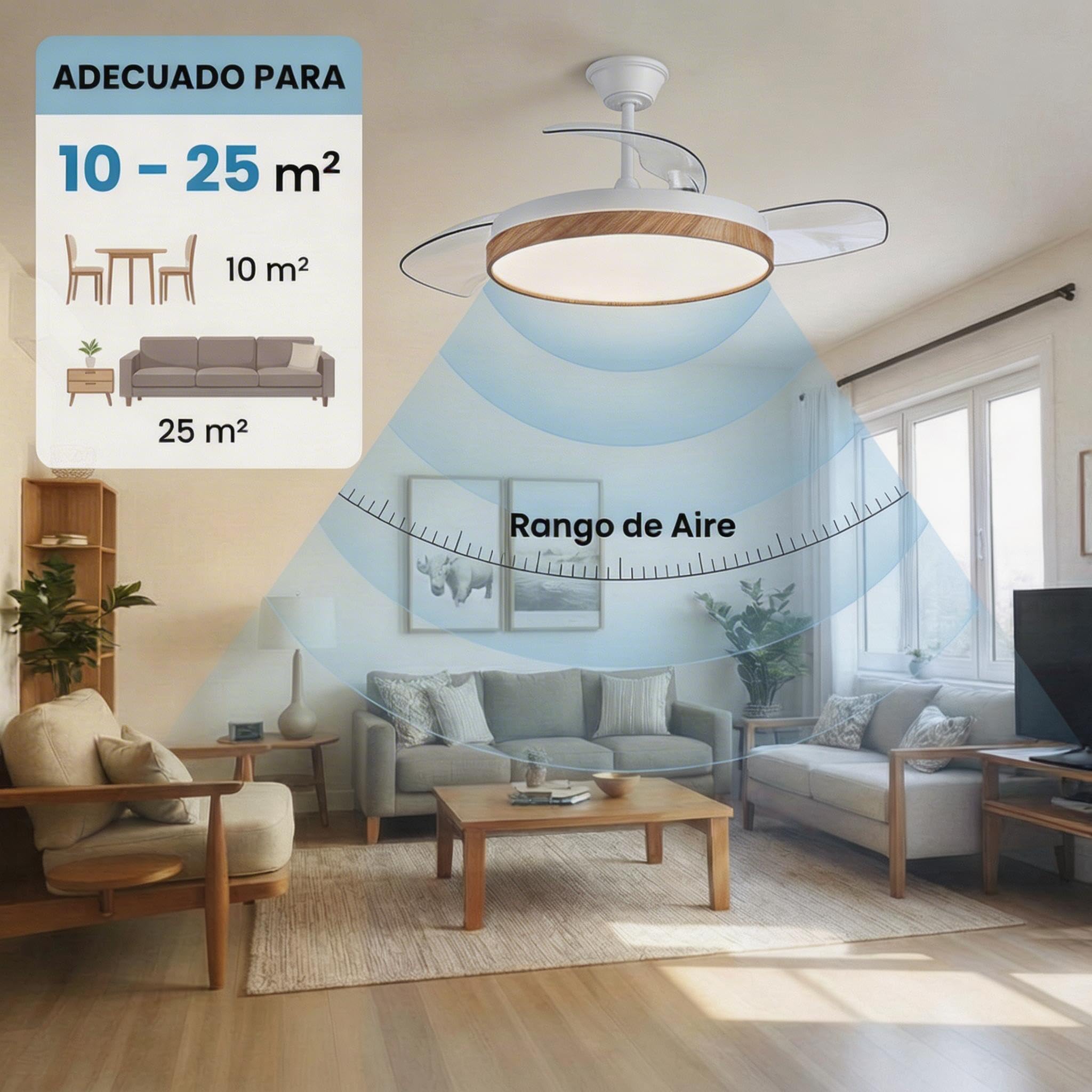 Ventilador de Techo Retractil Madera con Luz LED Silencioso - Ventilador de 108 cm con Tonos de Luz y Función Verano e Invierno con APP - Hasta 25 m2-30 W Motor DC