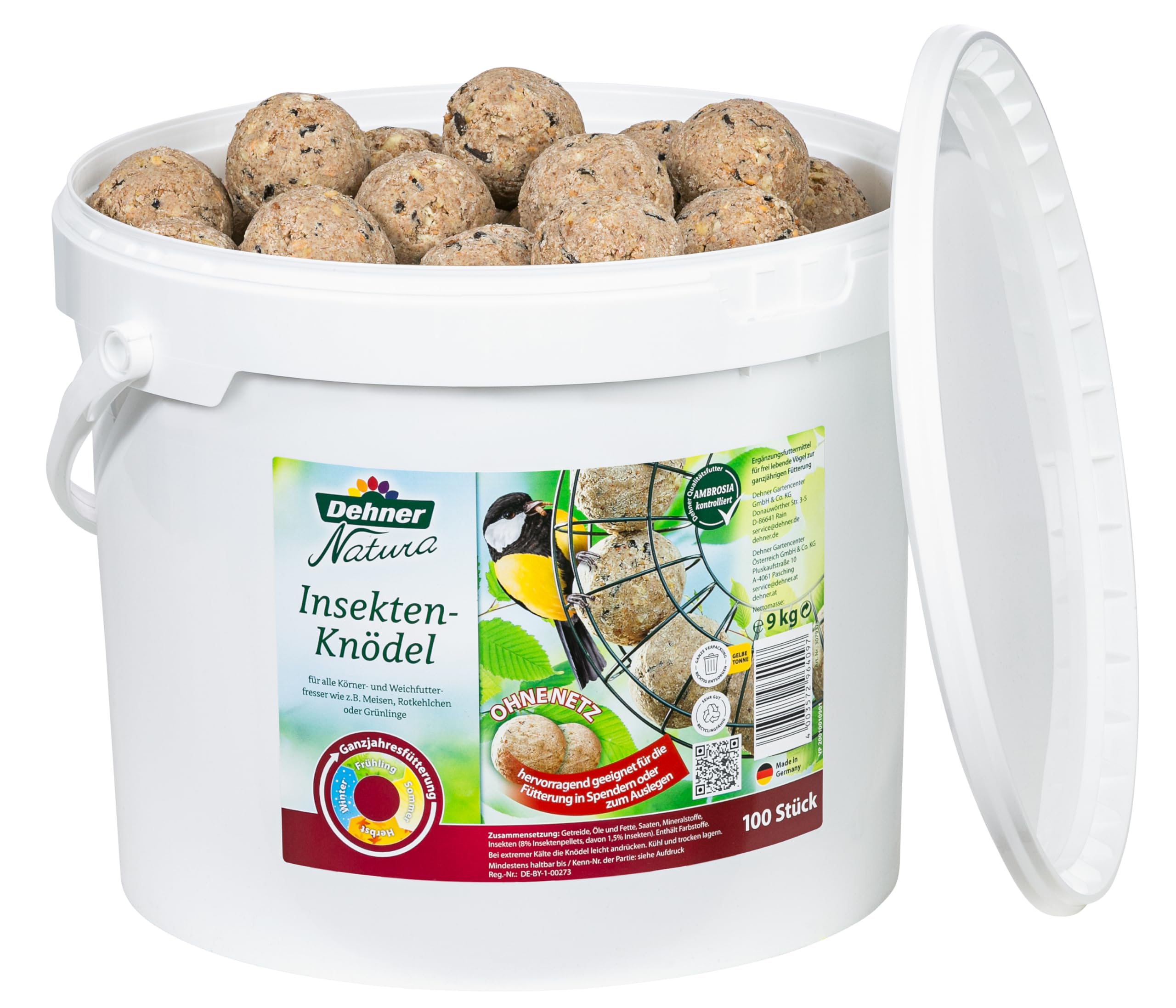 Dehner Natura Wildvogelfutter, geschälte Sonnenblumenkerne, 10 kg & Natura Wildvogelfutter, Insekten-Knödel, ohne Netz, 100 Stück (10 kg)