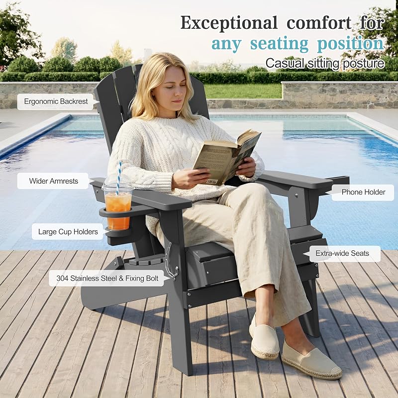 Shintenchi Folding Adirondack Chairs Set of 4,HDPE All-Weather Patio Chairs with Cup Holder & Phone Holder,Wooden Textured Fire Pit Chairs for Patio,Outside,Deck,Backyard,Dark Grey image 7