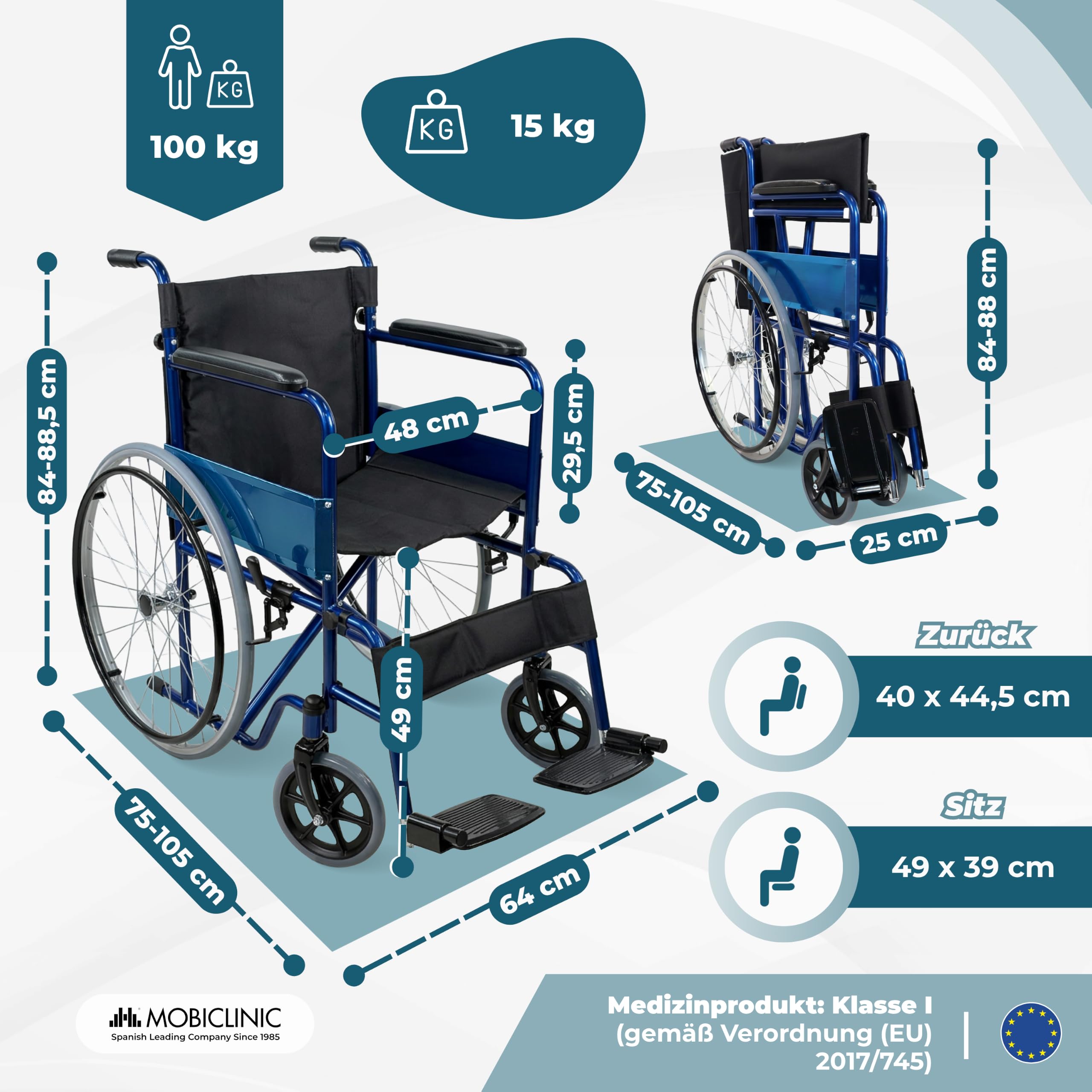 Mobiclinic®, Faltrollstuhl, Alcázar, Europäische marke, Sitz 46 cm, Manuelle bremse, Feste armlehnen und klappbare fußstützen, Farbe: blau/schwarz
