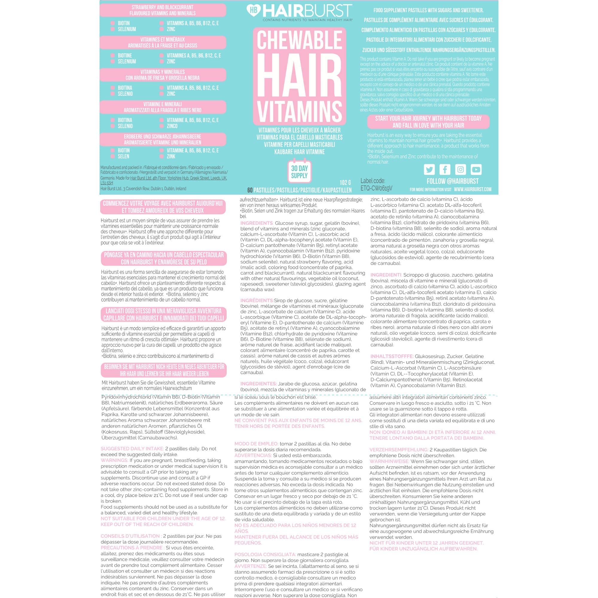 HAIR BURST Gomme Vitaminiche per Capelli Biotina per capelli più Lunghi e Spessi — Aggiunta di Zinco, Vitamina C e Selenio - Fornitura per 1 Mese (Confezione da 60 Caramelle Gommose)