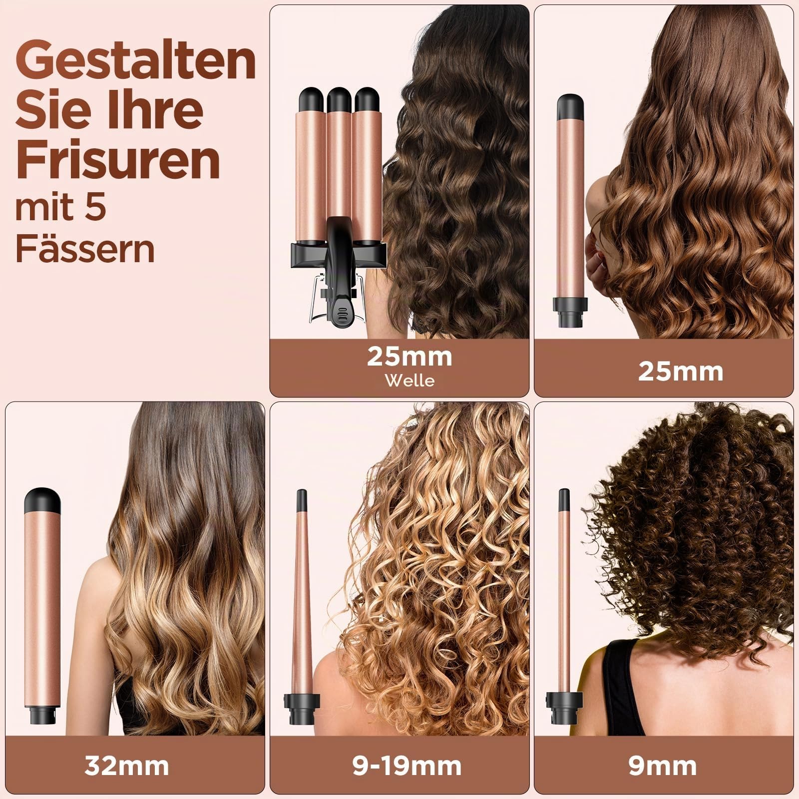 BESTOPE MIX Welleneisen Set 5 in 1, Lockenstab mit Verschiedenen Aufsätzen Einstellbare Temperatur Keramik Lockenstab Große Locken Schnellaufheizung lockenstäbe 3 Fässer für Lange/kurze Haare