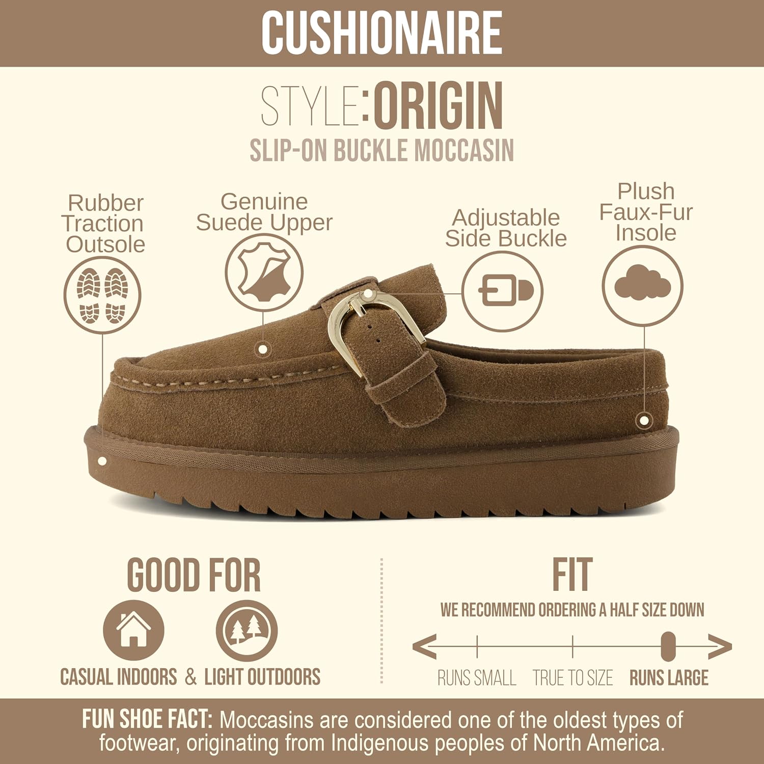 CUSHIONAIRE Origin Genuine Suede Mule Clogs for Women, Cozy Slip-On Moc Toe Loafer with Buckle and Faux Fur Cushioned Footbed