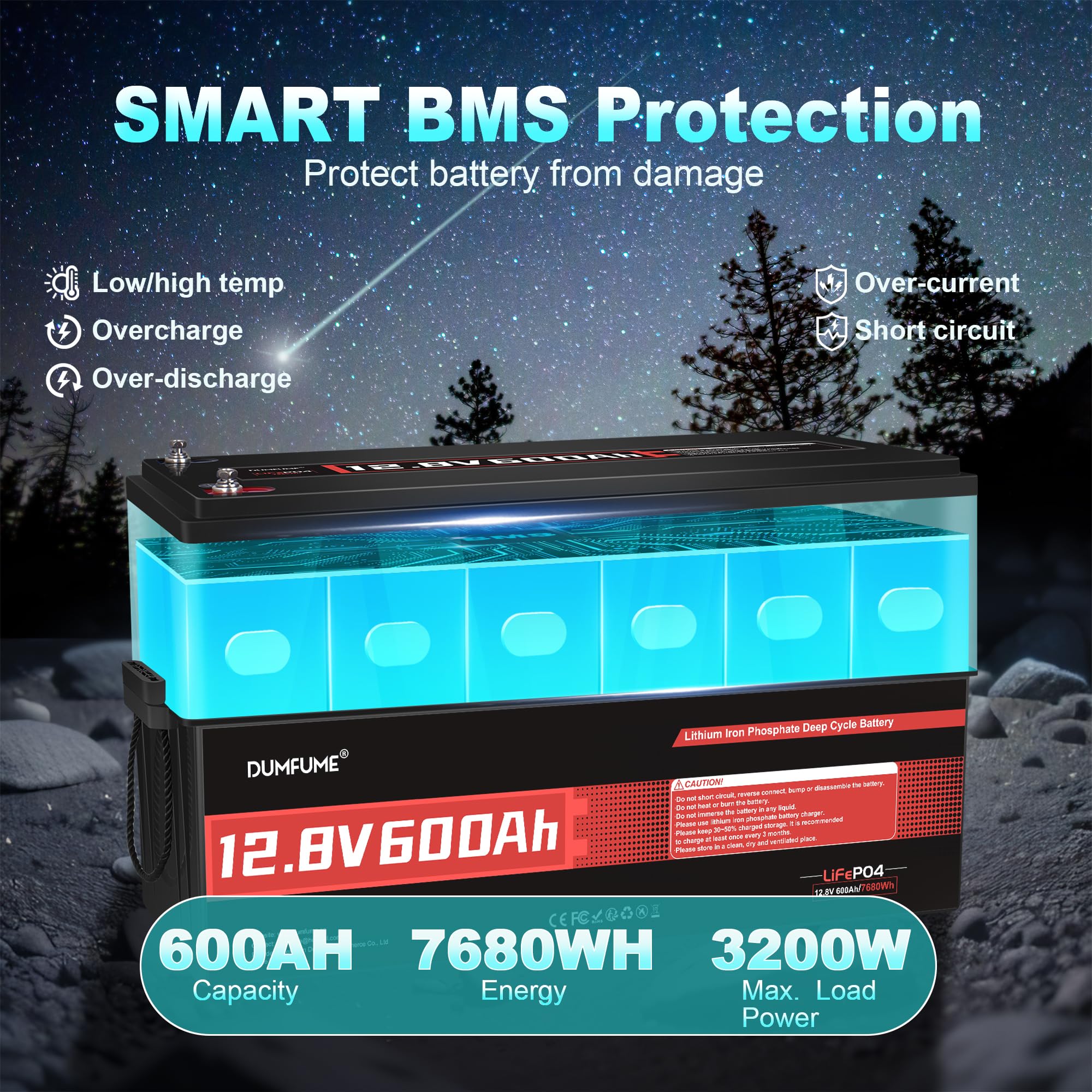 12V 600Ah Bateria LiFePO4, Wbudowany BMS 200A, Ochrona przed Niską Temperaturą, 6000+ Głębokich Cykli, 7200Wh Akumulator dla Kampera, Instalacji Solarnej, Off Grid, Domowego Magazynu Energii