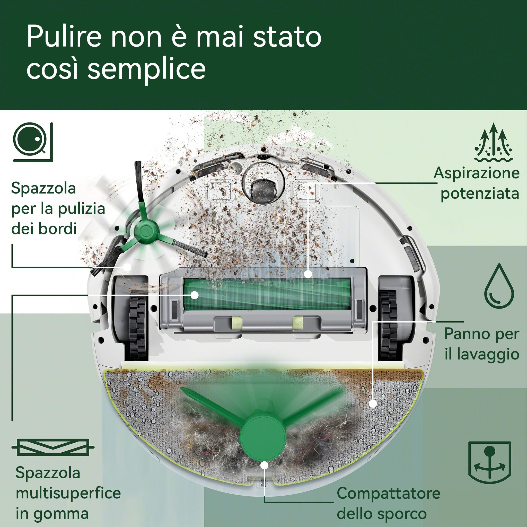 iRobot Roomba 205 DustCompactor Combo, Robot Aspirapolvere Lavapavimenti, Senza Sacchetto, Raccoglie e Compatta la Polvere, Navigazione LiDAR, Rileva Tappeti/Moquette, Controllo tramite App, Bianco