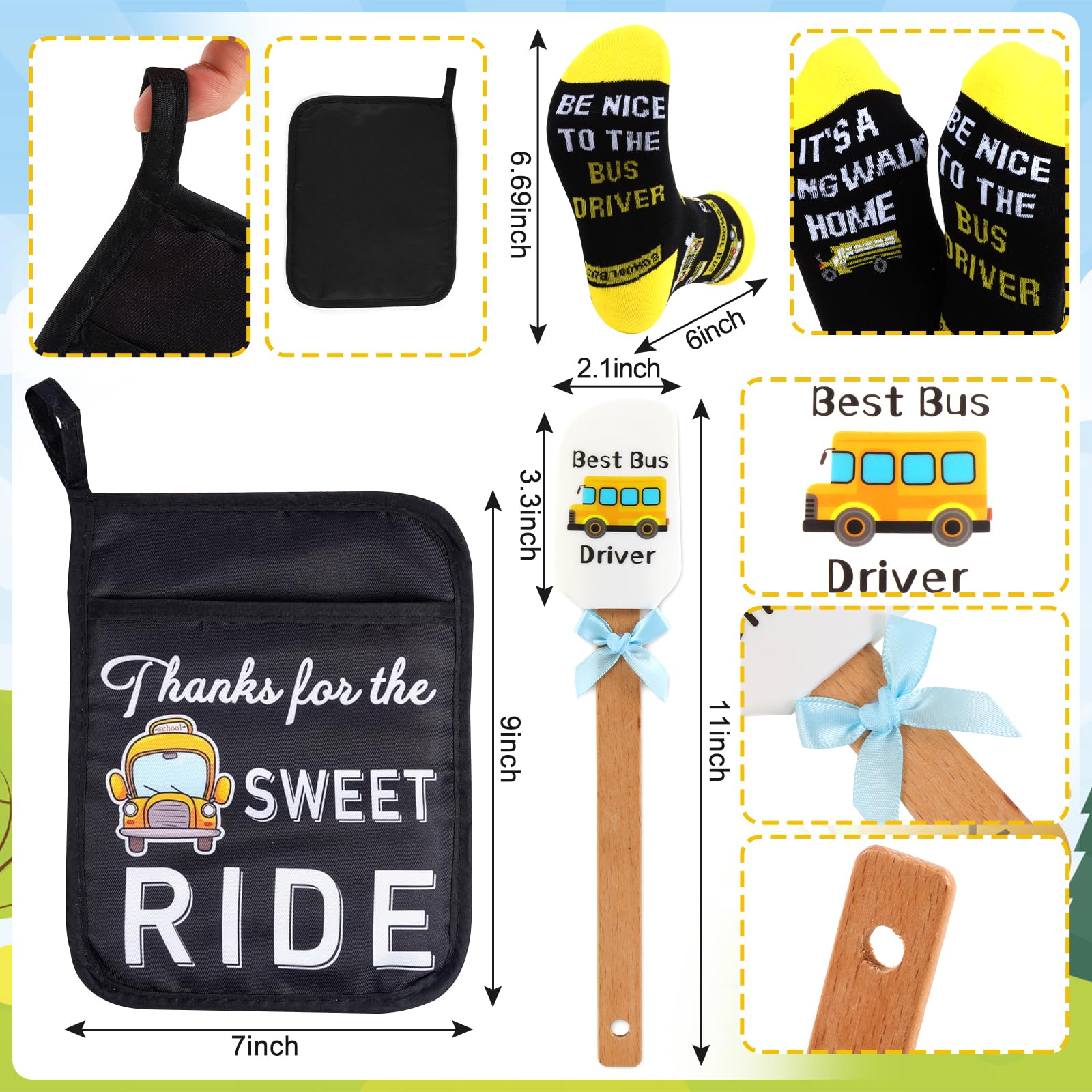 9-Piece School Bus Driver Appreciation Gifts - 20oz Heart-Shaped Tumbler Cup, Acrylic Heart Thank You Gifts, Bus Driver Pot Holder, Heat Resistant Oven Pads, Silicone Spatula