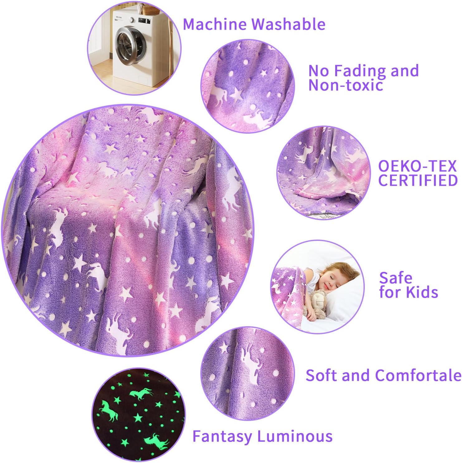 Unicorn Blanket for Girls, Glow in The Dark Blankets for Kids, 50" x 60" Rainbow Throw Blanket Soft Fleece Luminous Toddler Blanket Birthday Gifts for Age 2 3 4 5 6 7 8 9 10 11 12 Year Old, Purple - Image 6