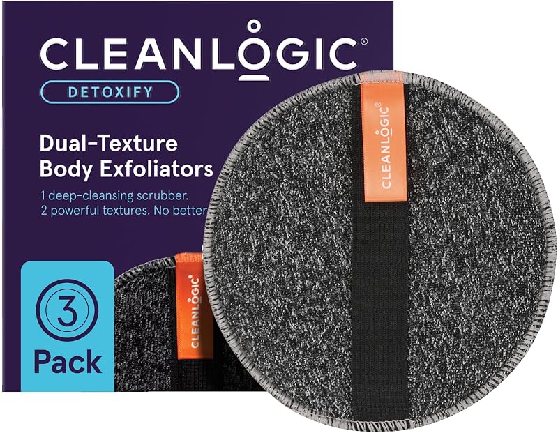 Cleanlogic Charcoal Exfoliating Body Scrubber - Round Exfoliator - 3 Count | Charcoal infused body scrubber, dual-texture round exfoliator for smooth clean skin, daily skincare tool, 3 count