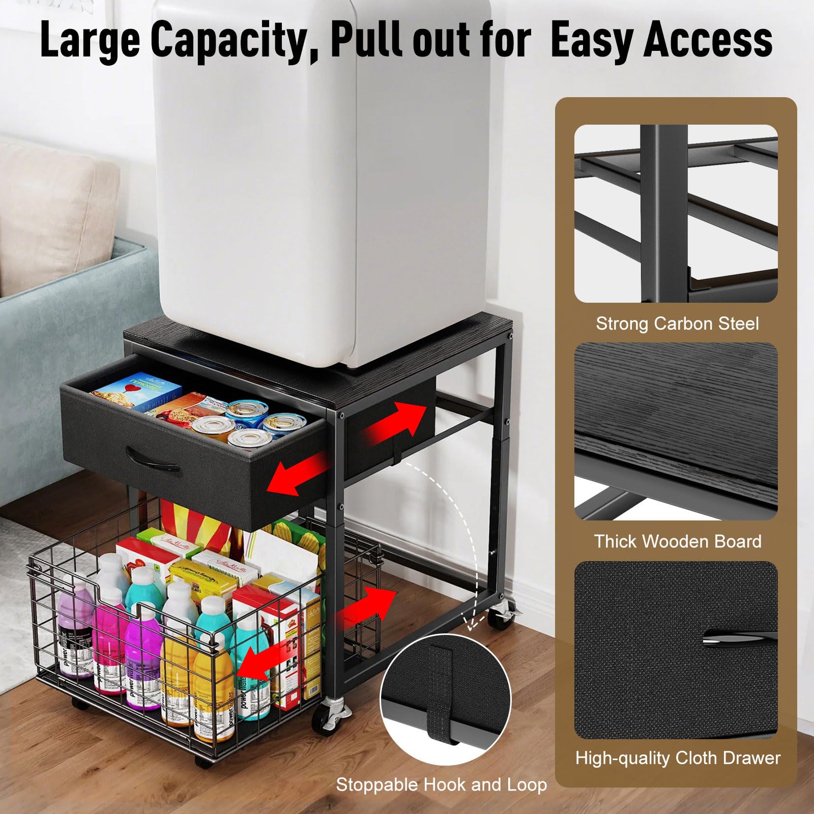 Housolution Soporte para Mini Nevera con Almacenamiento, Estante para Mini Nevera Regulable en Altura con Ruedas, Organizador Portátil para Nevera con Cajón para Hogar, Oficina, Negro