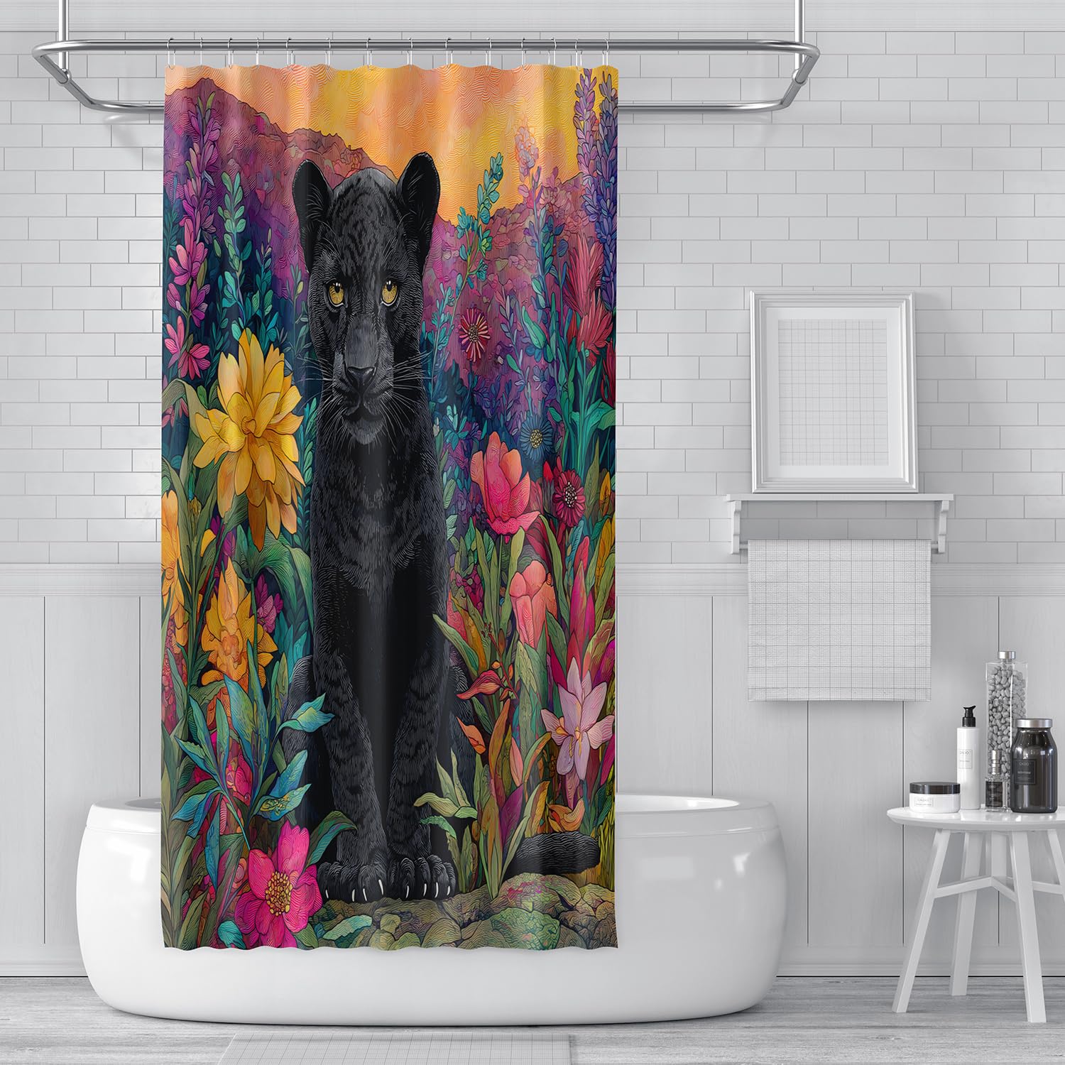 Schwarzer Leoparden-Duschvorhang 200x200 – Gelbe und Rosa Blumen, Wildtier Geparden Print, Badewannenvorhang Set für Badezimmer, Nasszelle, Wasserdichter Stoff mit Haken, B200 x H200 cm (1Er Pack)
