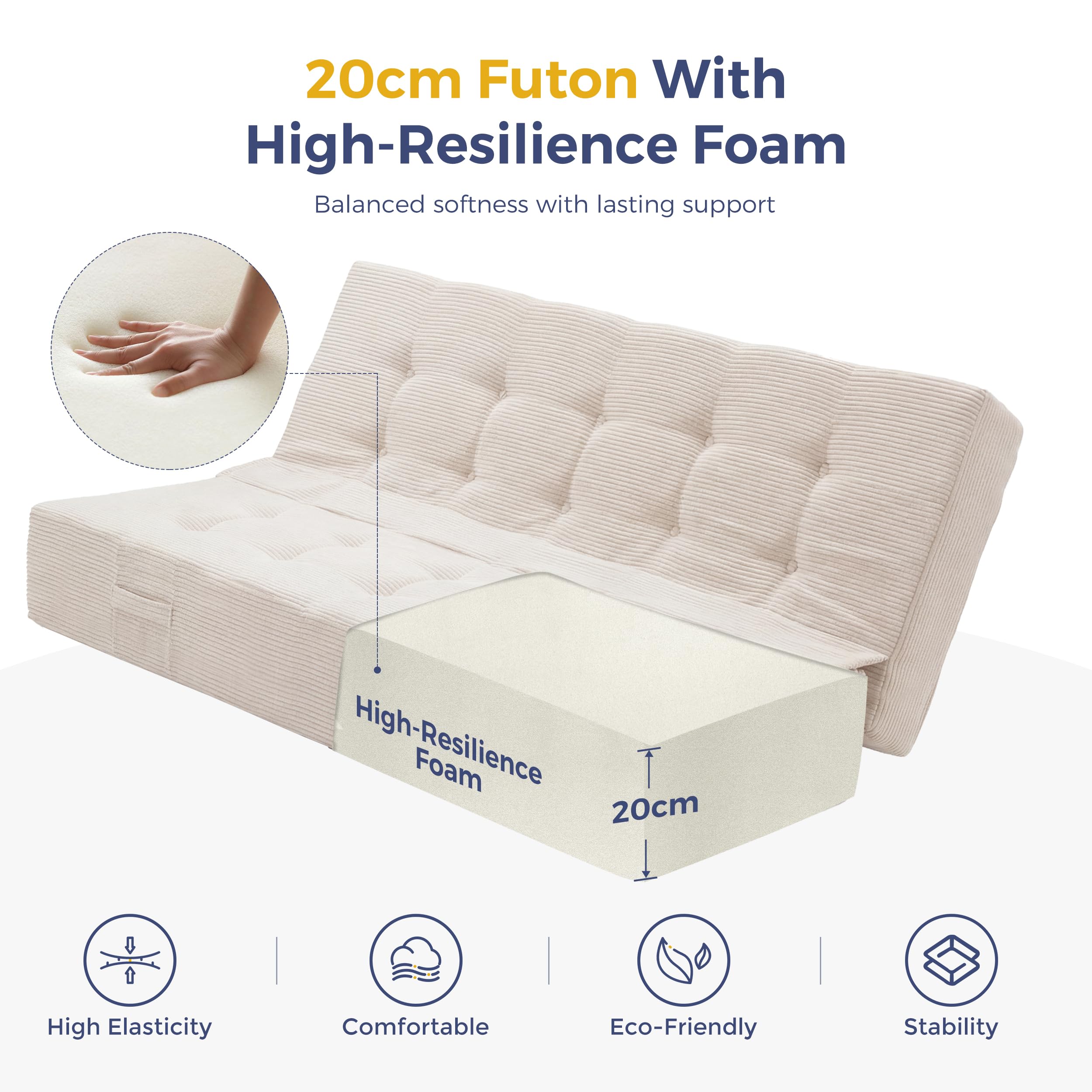 MAXYOYO Matelas Pliable 20 cm, Confortable avec Poignées, Canapé à Mousse Mémoire de Forme Extra Épais, Polyvalent pour Dormir par Terre, pour Salon et Chambre d’Ami