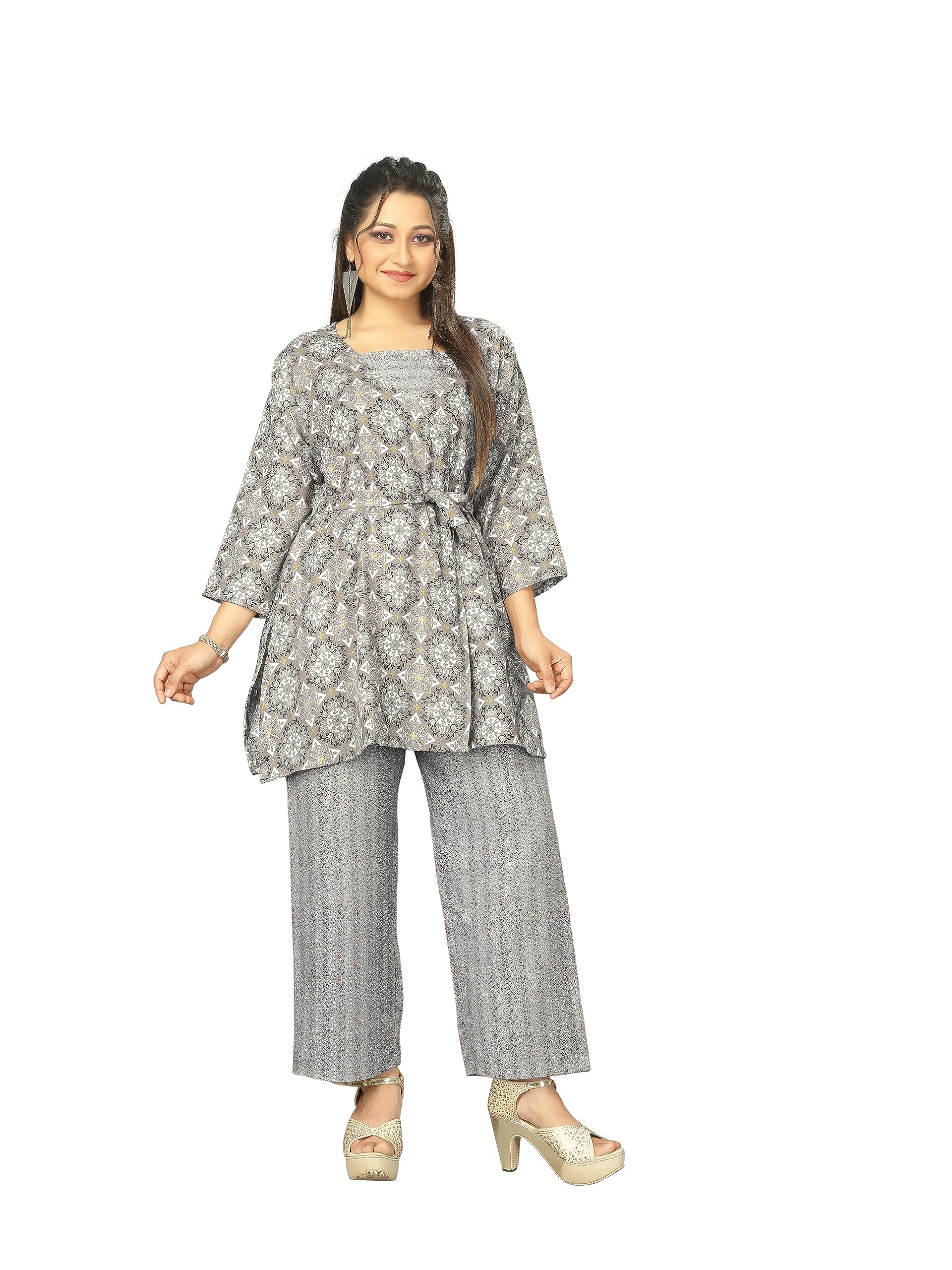 Miss EthnikWomen's Grey Cotton Stitched Top With Stitched Cotton Bottom and - Dupatta 3/4 Sleeve Printed Flared Top (ME-5013-Grey)