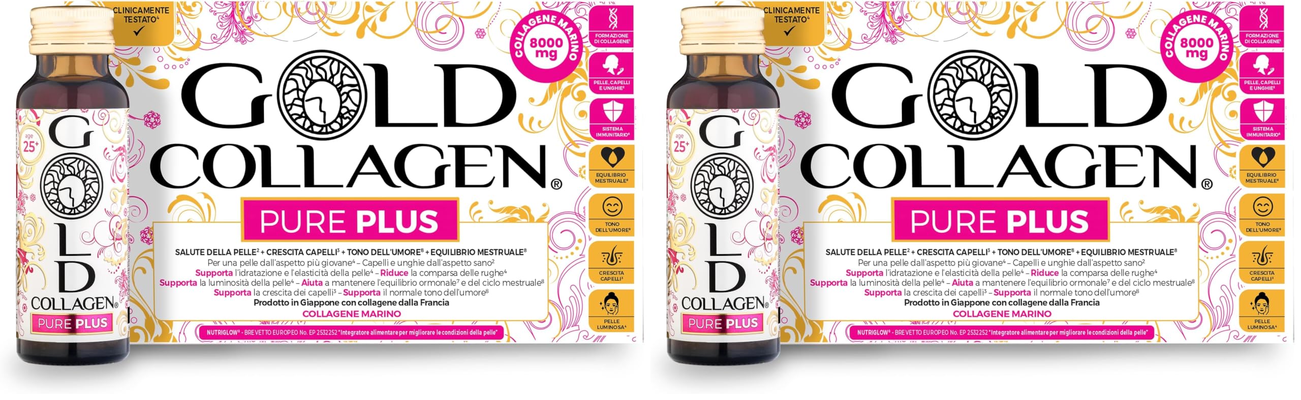 GOLD COLLAGEN New Pure Plus - Collagene Integratore con Biotina Crescita Capelli Pelle Unghie, Equilibrio Ormoni e Sistema Immunitario, Vitamina C, 8g Collagene Marino, Acido Ialuronico 1 Pack 10x50ml