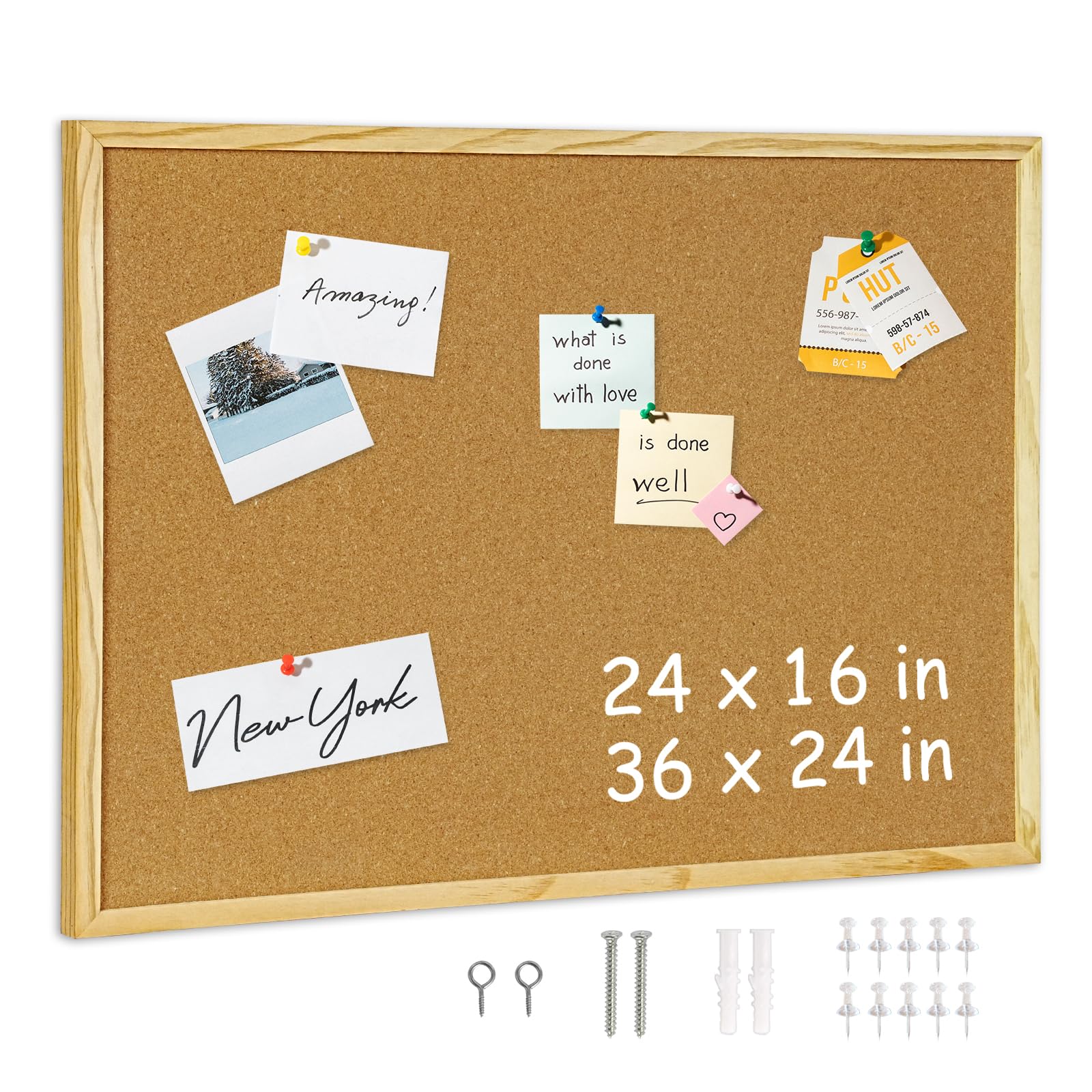 Photo 1 of Cork Board Bulletin Board for Wall 24" x 16" Corkboard Vision Board Pine Wood Frame, Decorative Hanging Pin Board Message Board, Cork Board for Office, Home, School 10 Push Pins 24 x 16 in