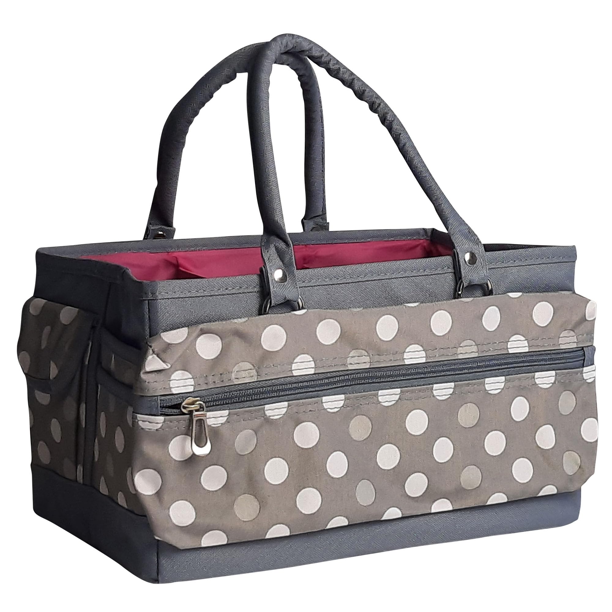 Stylowa torba na przybory do rękodzieła, szara w kropki – składana torba z przegrodami do szycia, scrapbookingu, rękodzieła papierowego i sztuki – PT900-GREY-POLKA