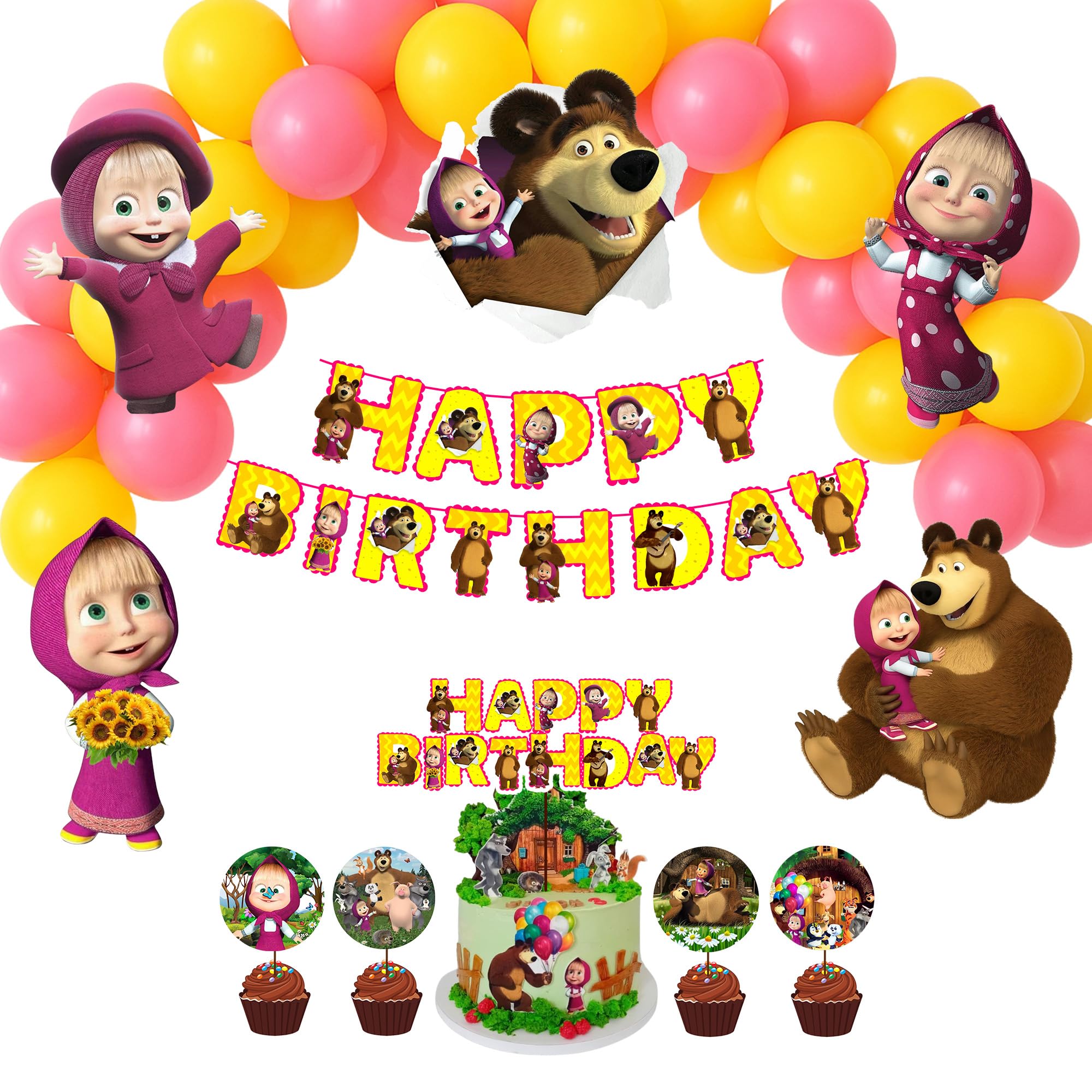 Birthday Party Masha and the Bear Decoration Kit, Happy Birthday Banner, Cupcake Toppers, Cake Topper (With yellow pink ballons)